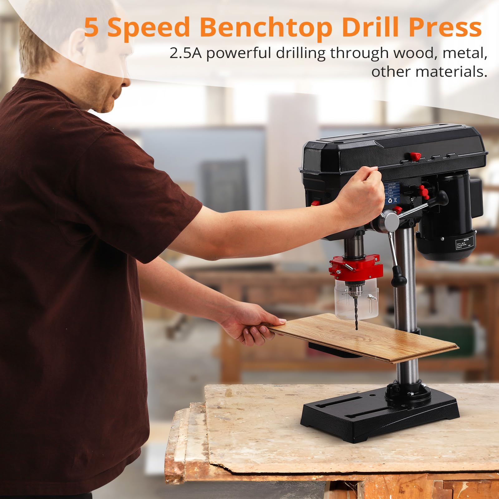 8 Inch Benchtop Drill Press - 2.5Amp 5-Speed Adjustable Drill Machine with 0-45° Tilting Table | Perfect for Woodworking, Metal Drilling & DIY Projects