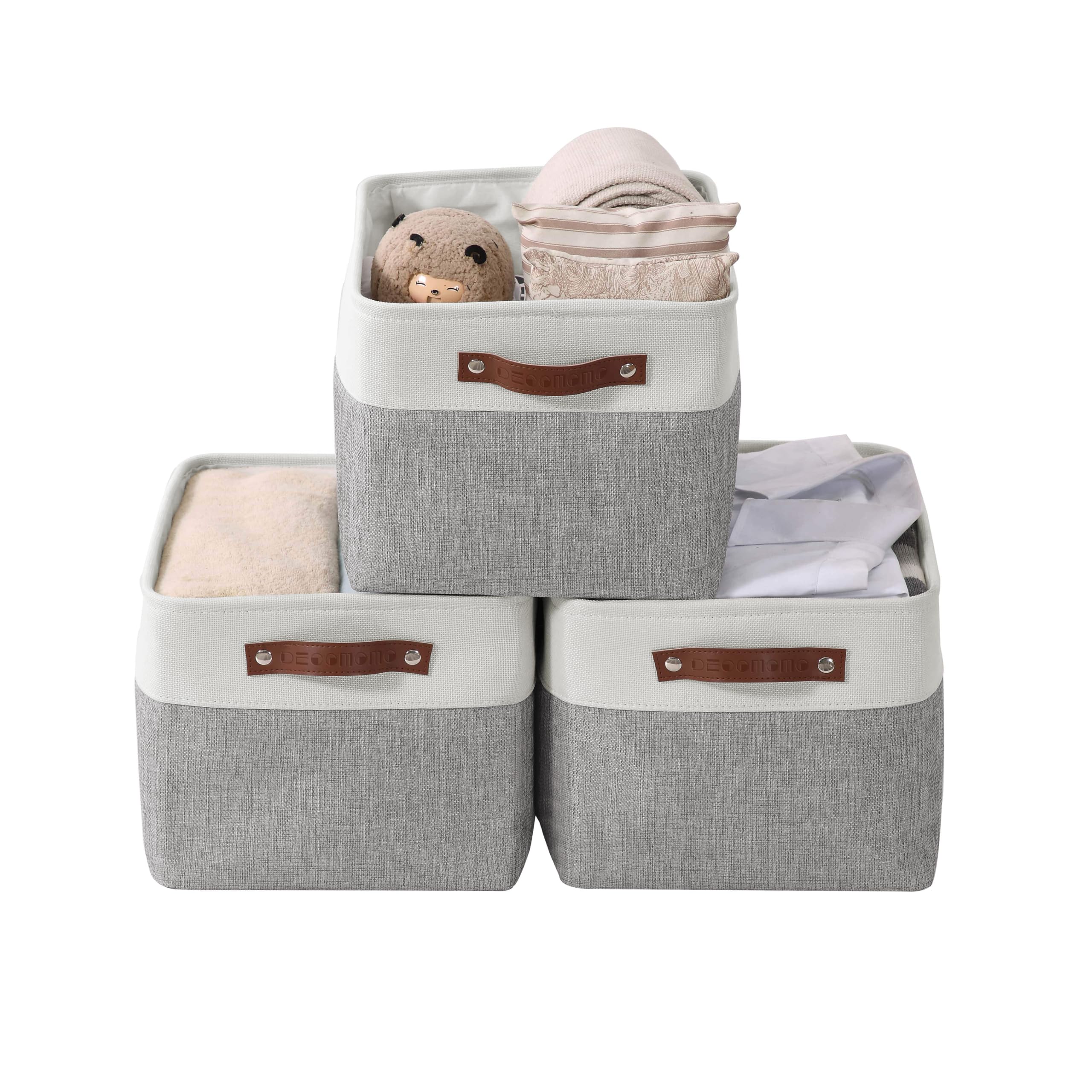 DECOMOMO Fabric Storage Bins - Large Grey & White Storage Baskets (3 Pack) for Shelves, Closet Organization, Toys, Nursery - Perfect for Home, Office & Kids Room Storage Solutions