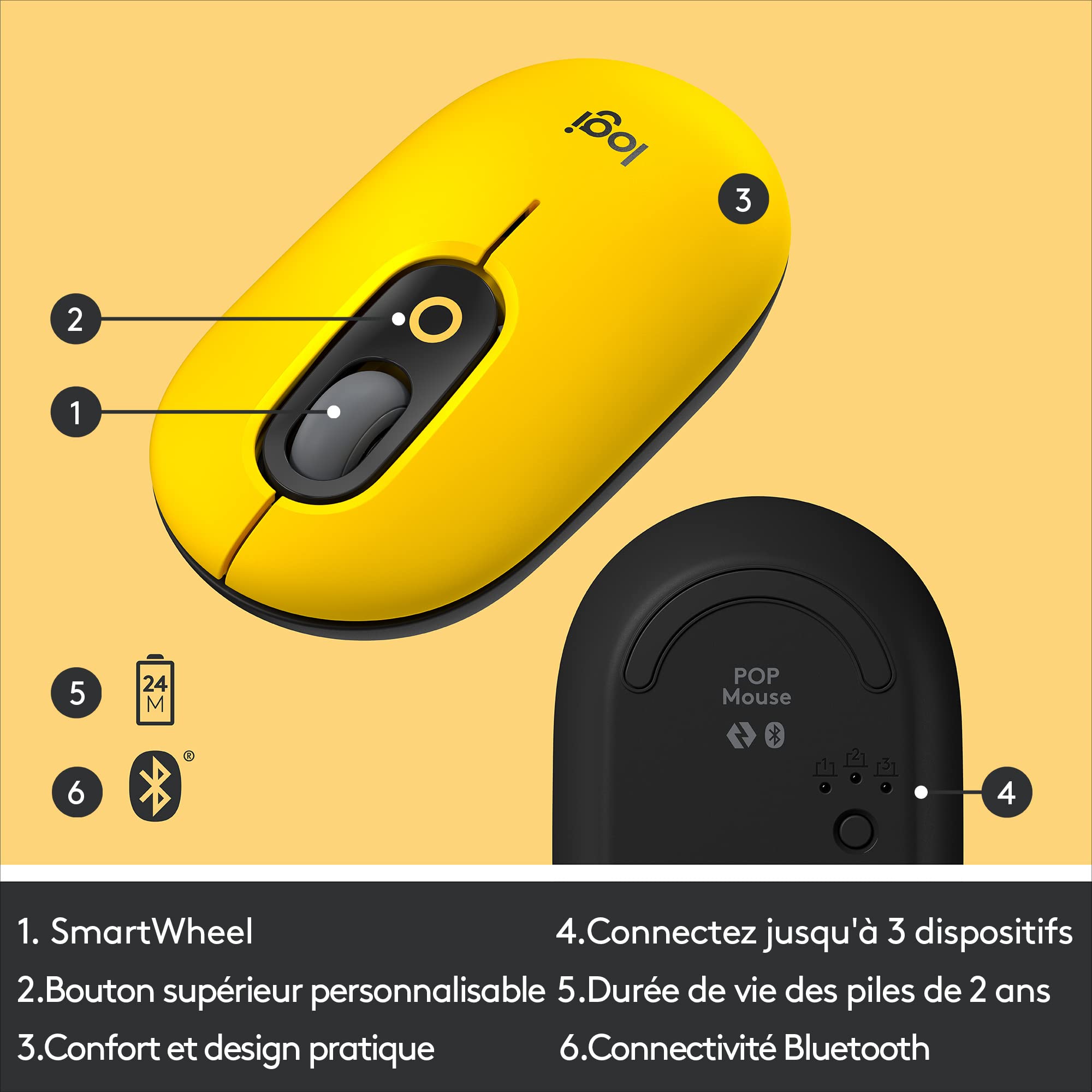 Logitech POP Wireless Mouse - Yellow & Black, Compact Bluetooth Mouse with USB Receiver, Splash-Resistant for PC/Mac/OS - Perfect for Office Work, Gaming & Travel with Included Durable Mouse Pad