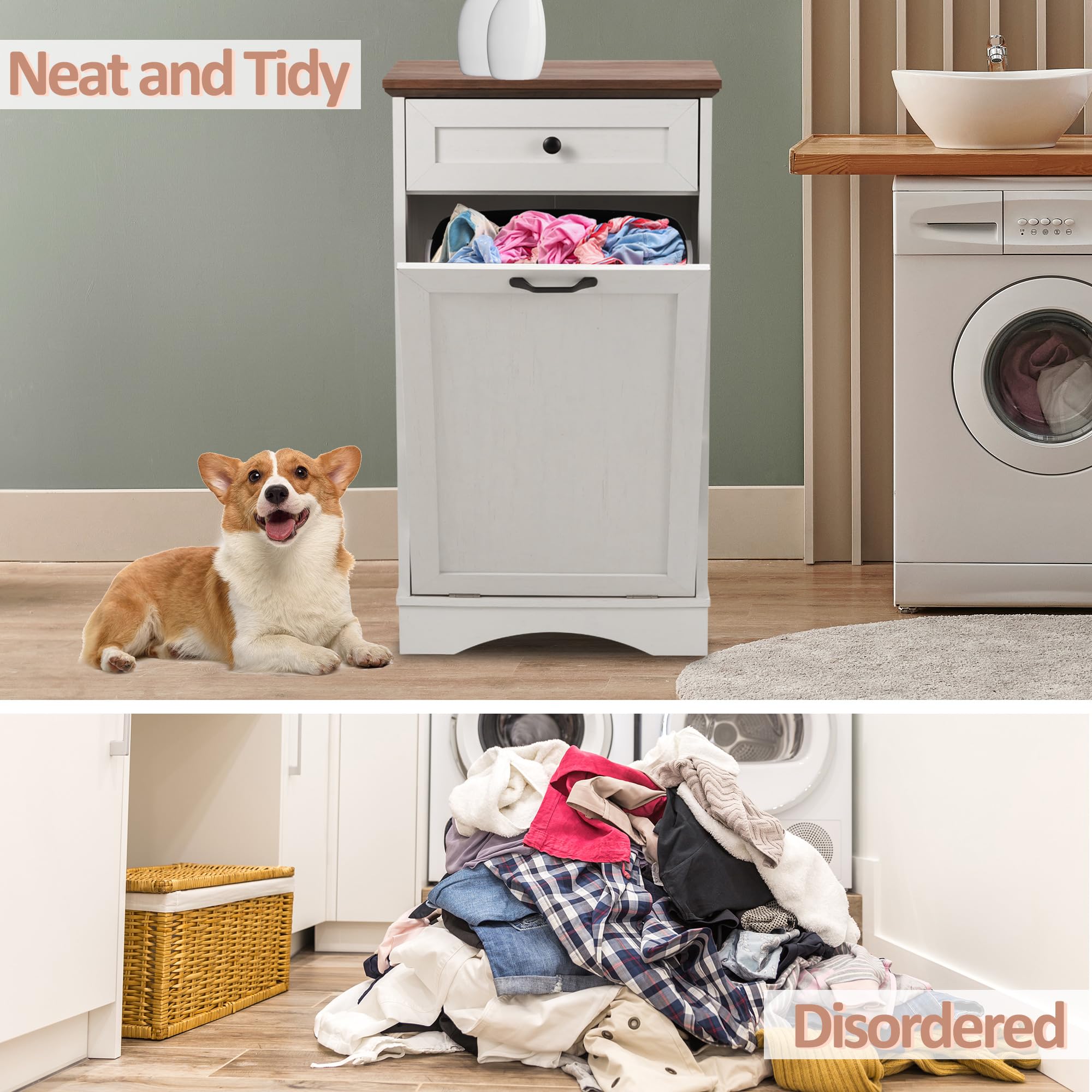 Spurgehom 13 Gallon Tilt-Out Trash Cabinet - Kitchen Waste Bin with Laundry Hamper, Pet-Proof Hidden Trash Can for Kitchen & Living Room in Antique White - Perfect for Small Spaces, Apartments & Pet Owners