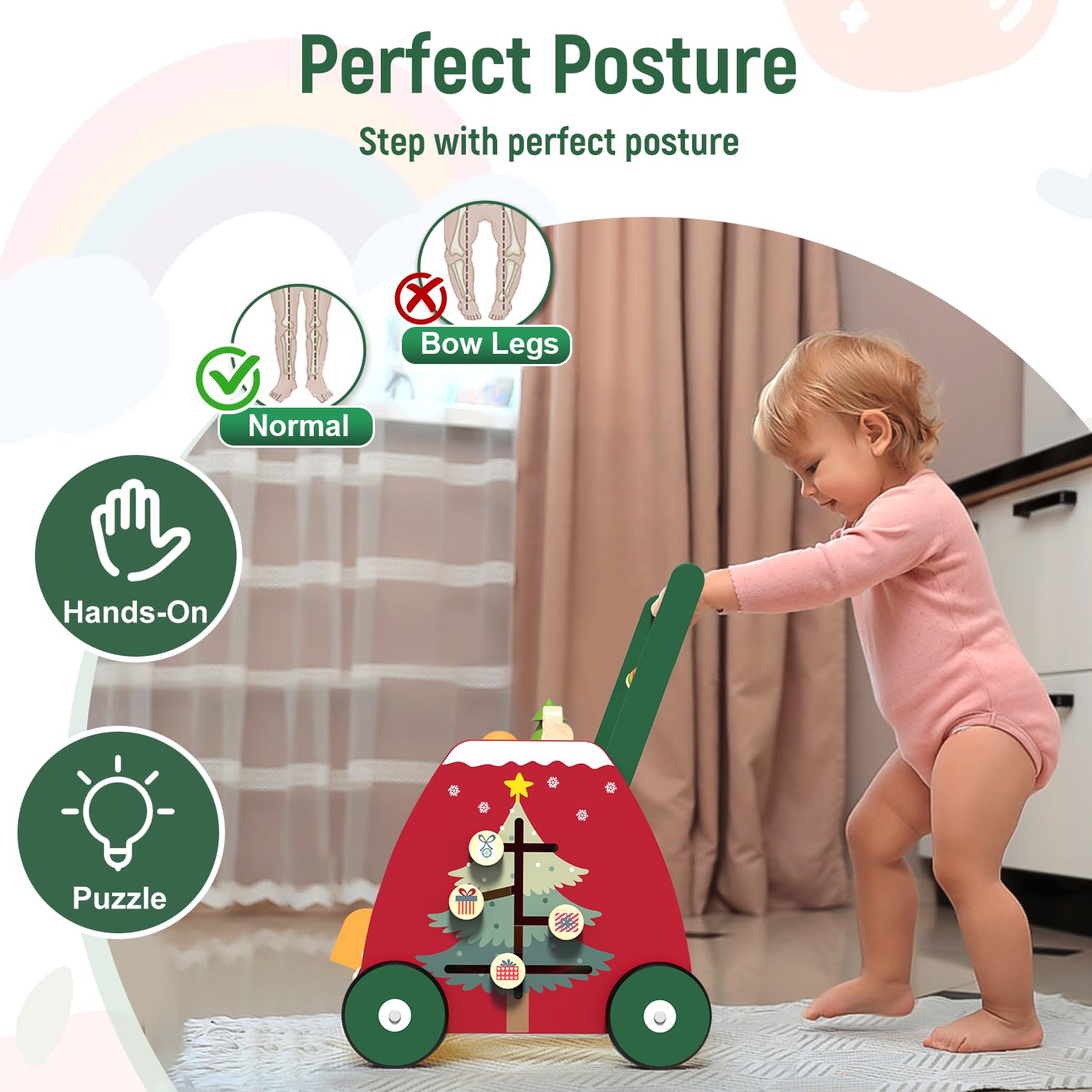 Wooden Baby Walker with Wheels - Montessori Push Walker Toy with Activity Center for Toddlers Learning to Walk (1-3 Years Old) - Perfect First Birthday Gift for Boys & Girls - Encourages Early Walking & Developmental Play in Nursery, Playroom or Daycare