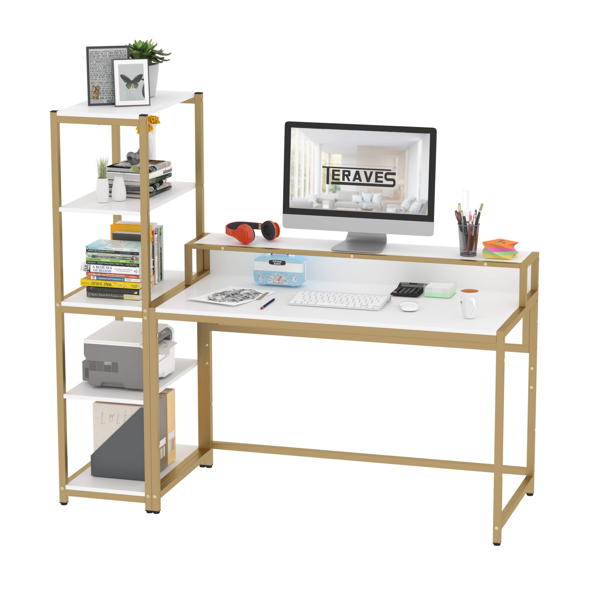 Teraves 33 Inch Computer Desk with 5 Tier Shelves - Reversible Writing Desk with Storage for Home Office, Study Table & Bookcase - Perfect for Small Spaces, Gaming Setup, and Remote Work