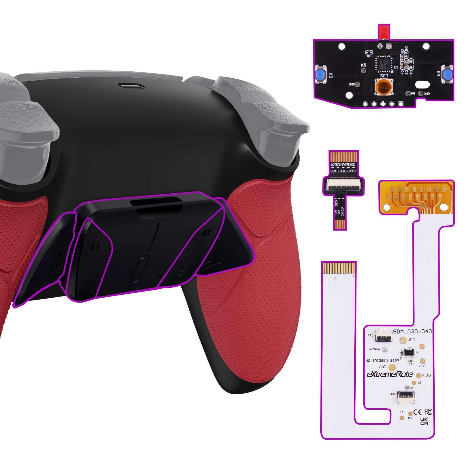 eXtremeRate Remappable RISE4 V3 Remap Kit for PS5 Controller BDM 030/040/050 - Rubberized Red Back Buttons for Enhanced Gaming Performance | Perfect for FPS, Racing & Competitive Gaming