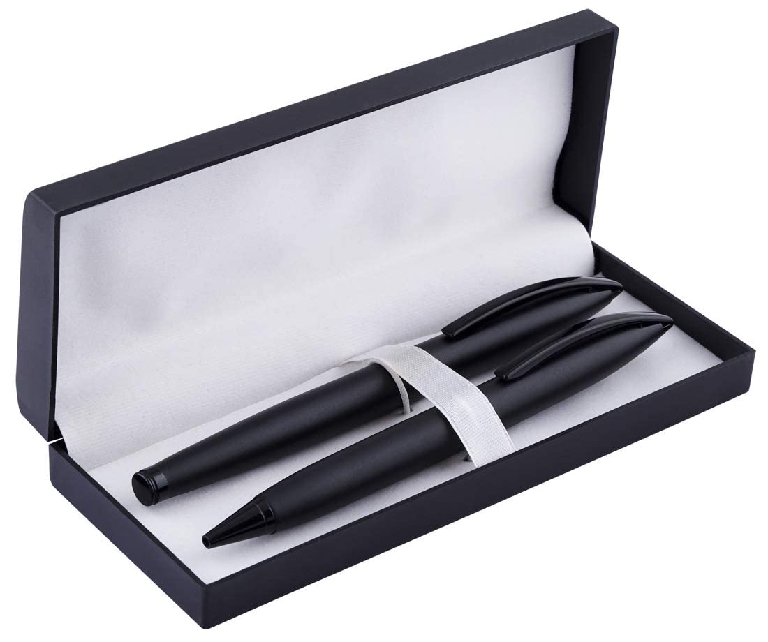 Premium Black Executive Pen Set - 2 Pack Blue Ink Rollerball & Ballpoint Pens for Office, Business Gifts & Professional Writing