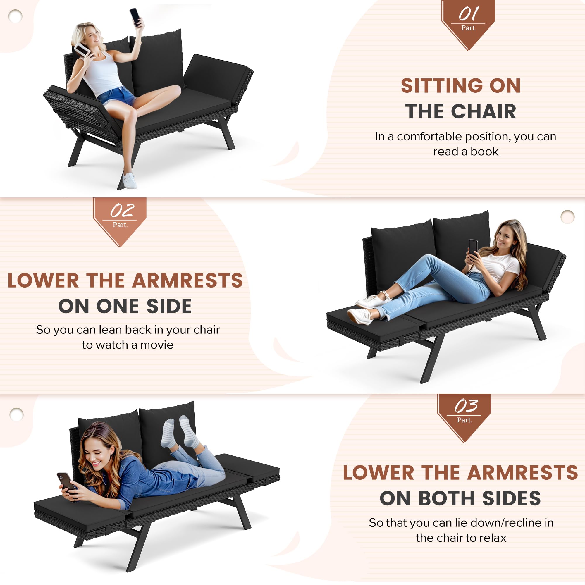 Flamaker Outdoor Convertible Sofa Bed - Adjustable Rattan Patio Lounge Chair with Removable Cushions & Pillows - Waterproof Wicker Sunbed for Porch, Poolside, Garden, Backyard (Black) - Perfect for Relaxing, Sunbathing and Outdoor Entertaining