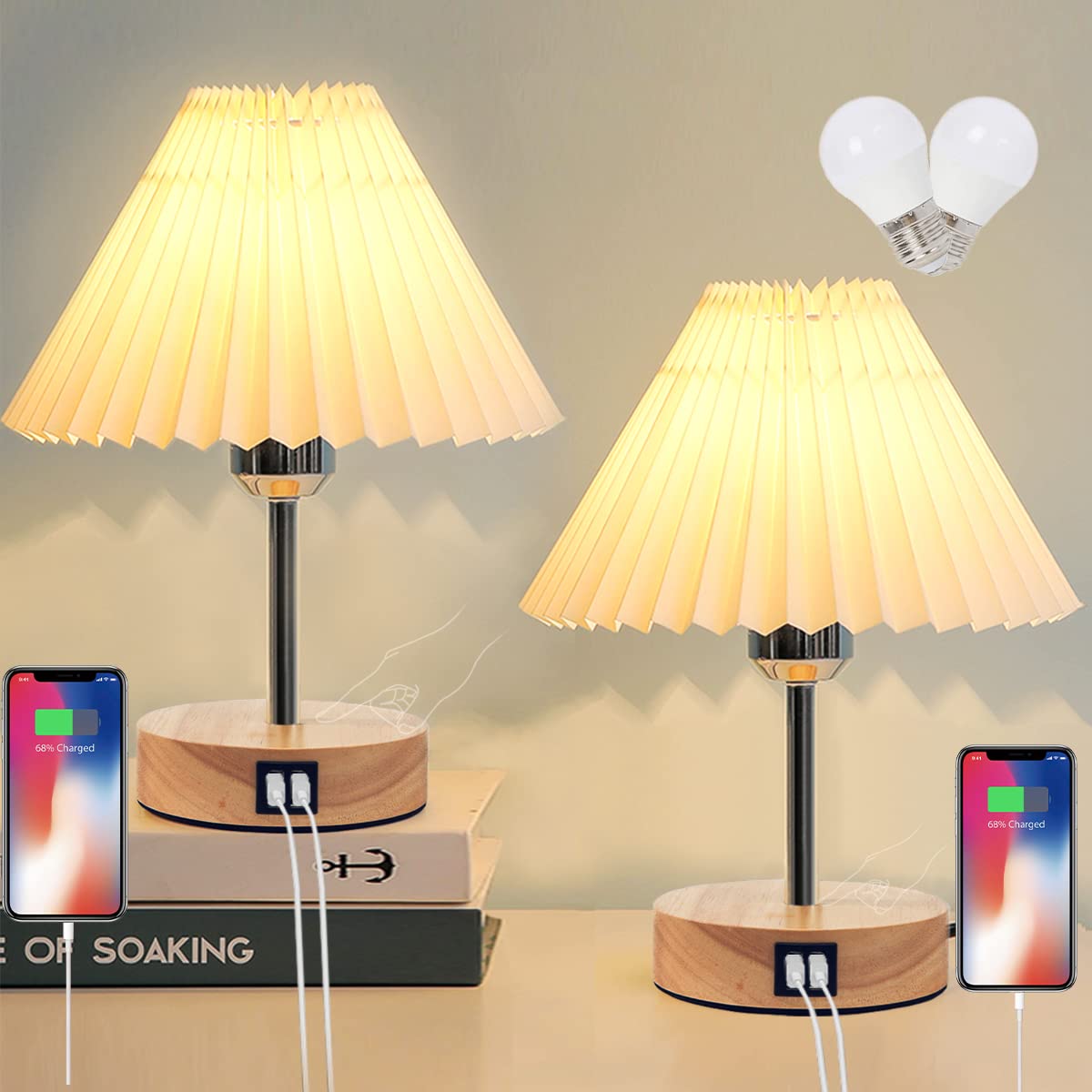 Set of 2 Touch Control Bedside Table Lamps with Dual USB Ports - 3-Way Dimmable Nordic Style LED Desk Lamp for Bedroom, Nightstand, Living Room & Kids Room - Wooden Base with Pleated Shade for Cozy Reading & Relaxation