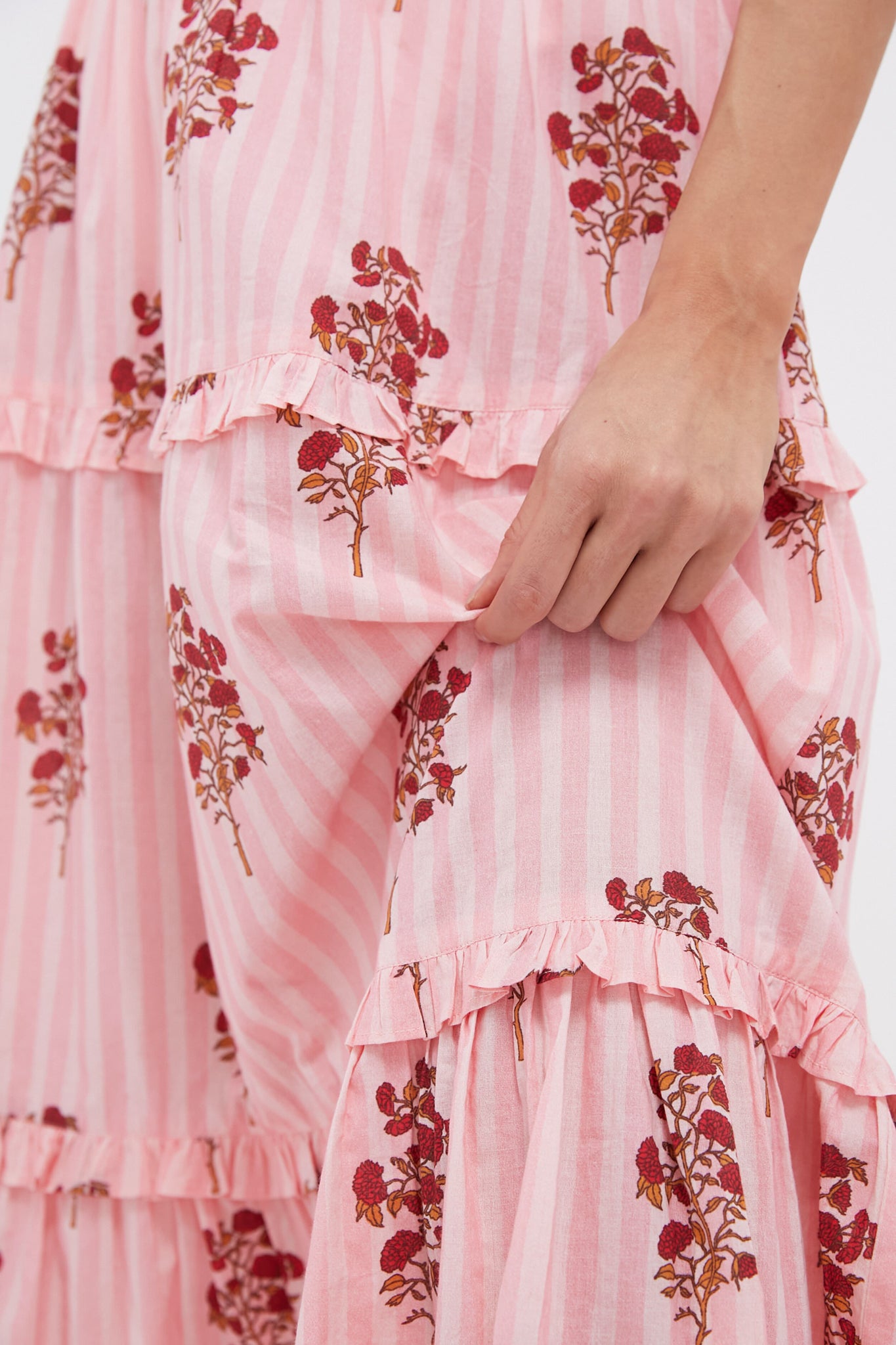 Blush Striped Bouquet Prado Skirt - Women's Floral Print Midi Skirt for Spring Summer | Perfect for Weddings, Dates & Office Wear