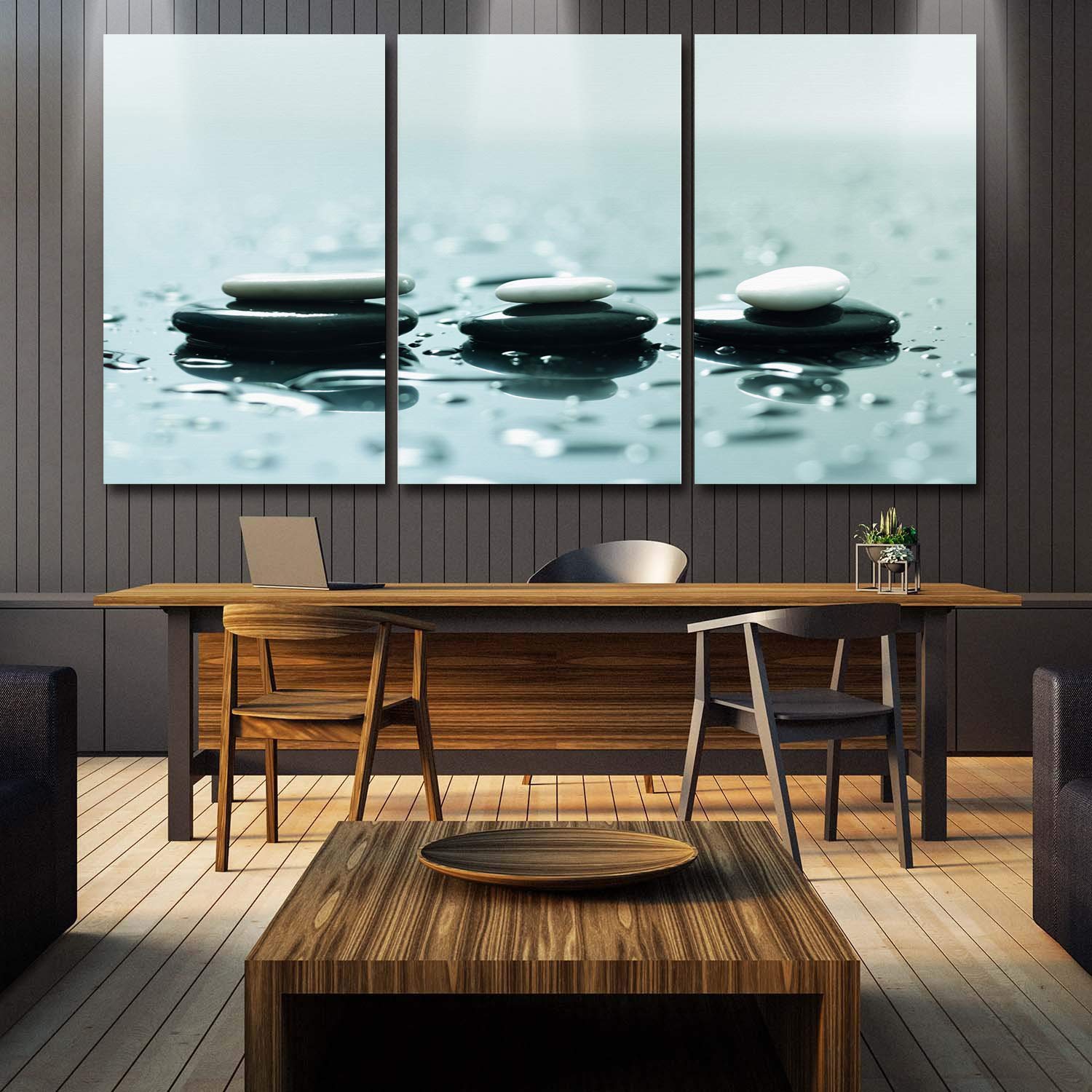 3 Piece Canvas Wall Art - Zen Stones on Water - Modern Gallery Wrapped Canvas Prints - Stretched & Framed Ready to Hang - 12