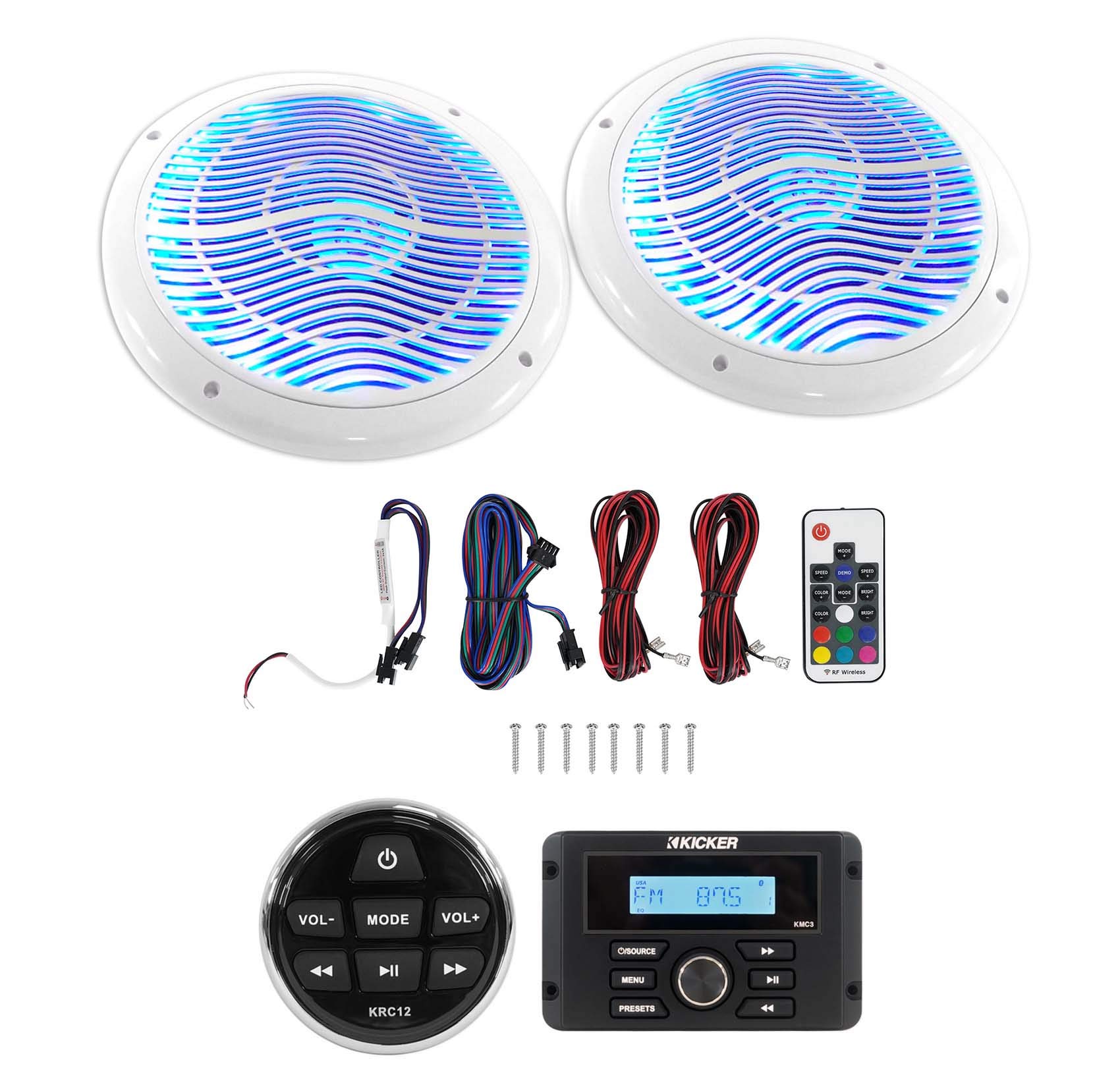 Kicker KMC3 Marine Digital Media Gauge Receiver with Bluetooth & USB for Boats, ATVs, UTVs - Bundle with KRC12 Remote Control & Rockville RMC65LW Marine Speakers - Perfect for Marine Audio Systems, Off-Road Vehicles & Watercraft Entertainment