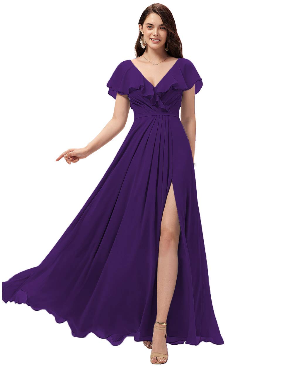 Elegant Long V-Neck Chiffon Bridesmaid Dress with Slit & Ruffle Detail - Formal Evening Gown for Women - Perfect for Weddings, Proms & Special Occasions