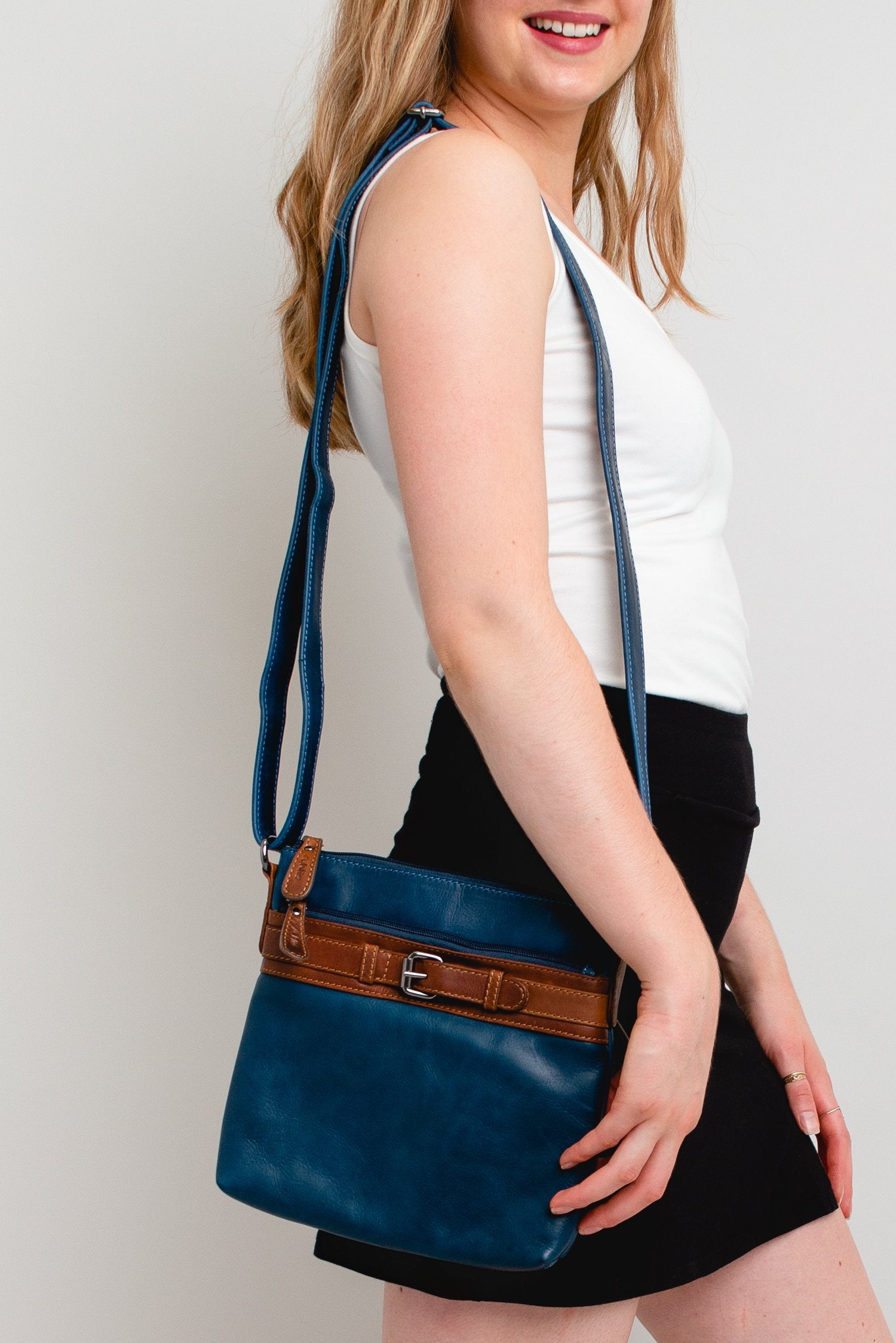 Adrian Klis 1740 Genuine Leather Purse for Women - Blue & Tan Crossbody Bag - Perfect for Work, Travel & Everyday Use