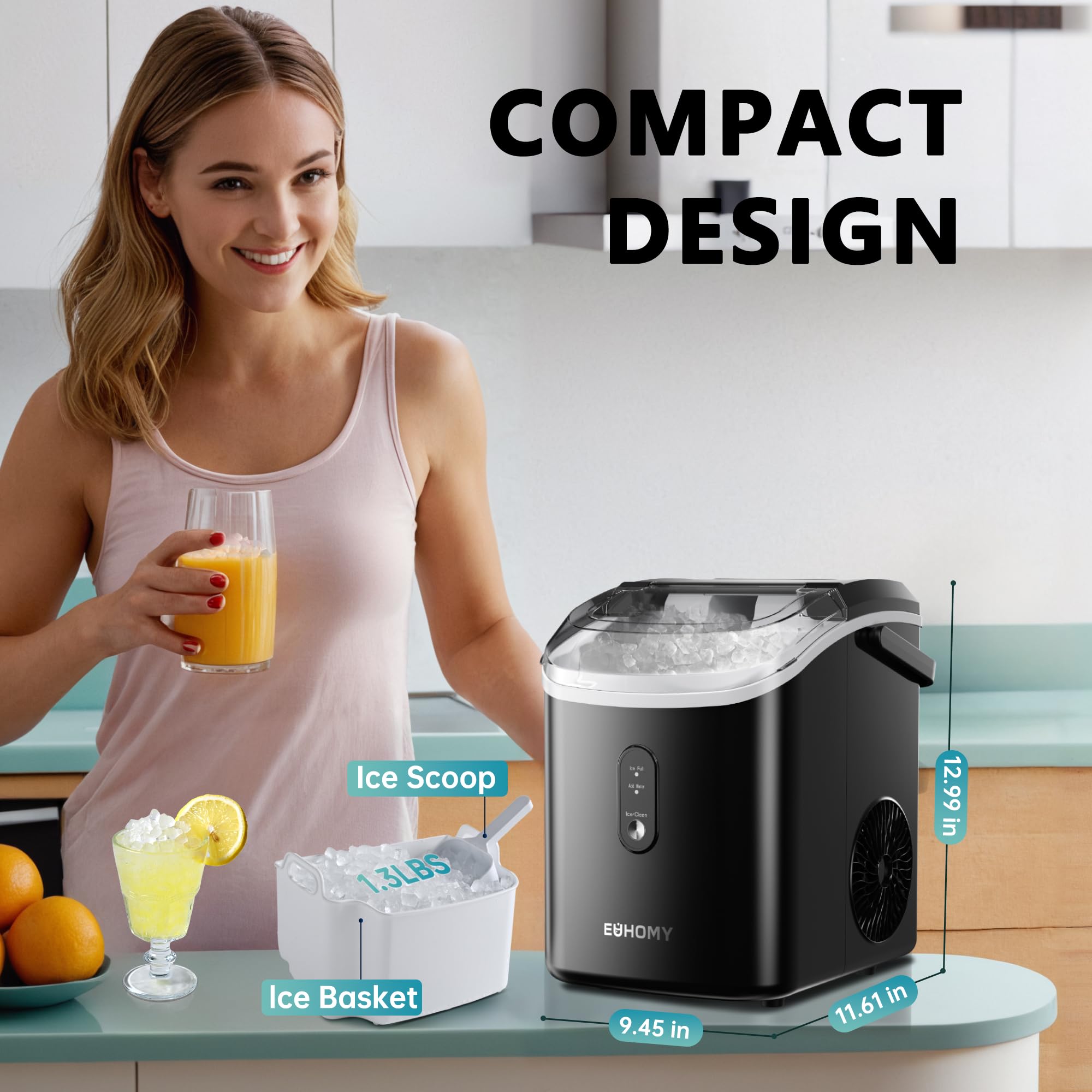 EUHOMY Portable Countertop Nugget Ice Maker - 34lbs/Day, Ready in 6 Minutes, Auto-Cleaning with Removable Top Cover - Includes Ice Basket & Scoop - Perfect for Home, Office, RV, Camping & Parties (Black)