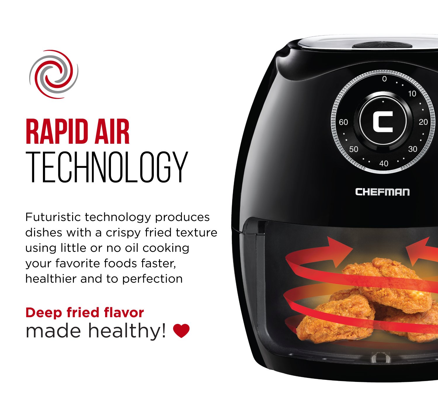 Chefman 6.5 Quart XL Air Fryer Oven - Oil Free Healthy Cooking, 60-Min Timer & Auto Shut Off, Dishwasher Safe BPA-Free, Space Saving Flat Basket - Perfect for Family Meals, Chicken Wings & French Fries