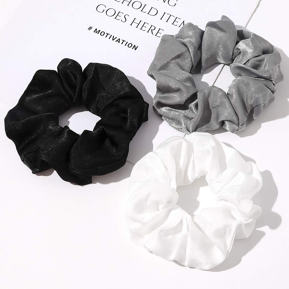 Silk Satin Scrunchies for Women - Soft No Crease Hair Ties, Gentle Ponytail Holders with Elastic Band (White, Black, Gray, Pink) - Perfect for VSCO Girls, Everyday Wear, Workouts & Fashion Accessories