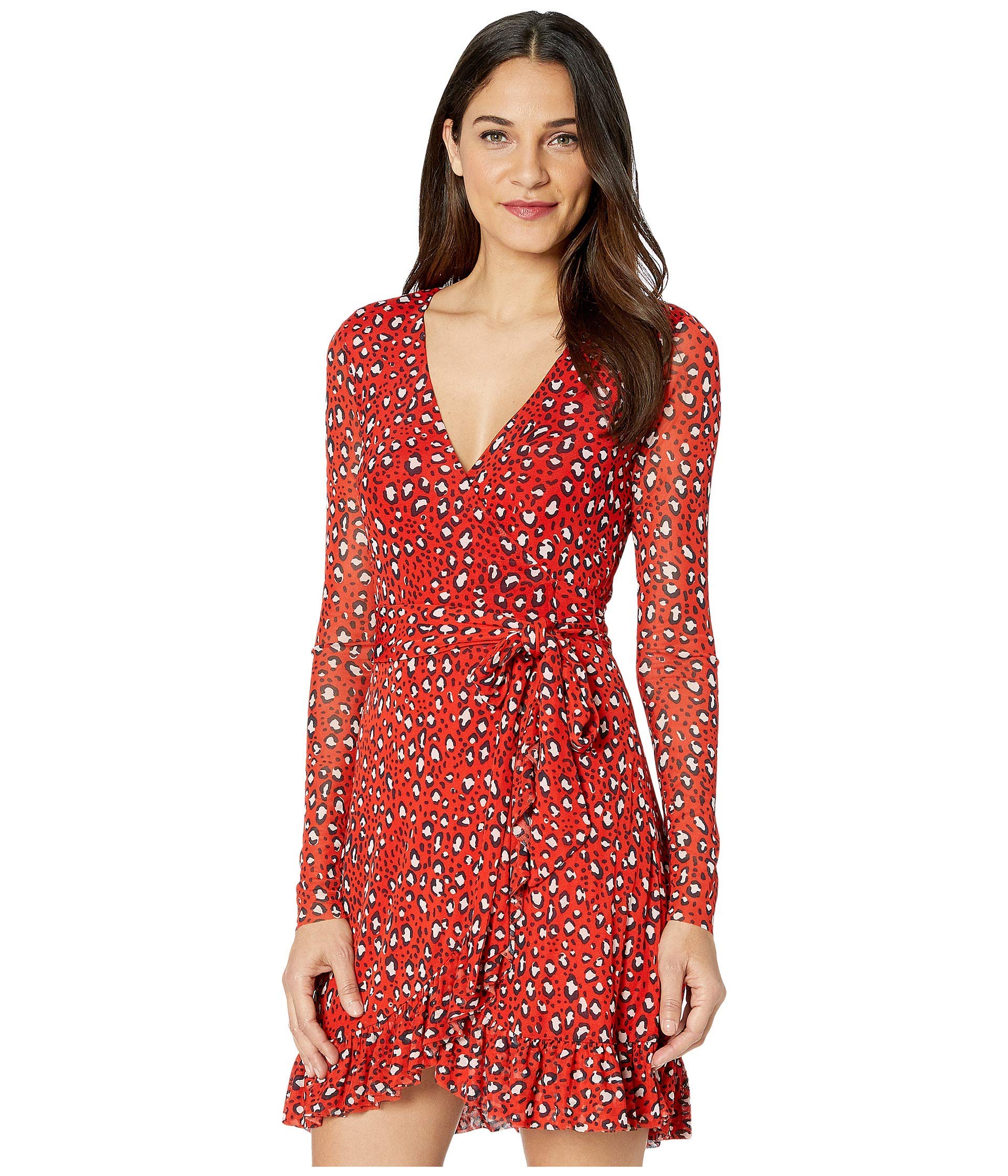 Sanctuary Women's Animal Print Ruffled Wrap Dress - Red Size S | Flowy Summer Dress for Beach, Vacation & Date Night Outfits