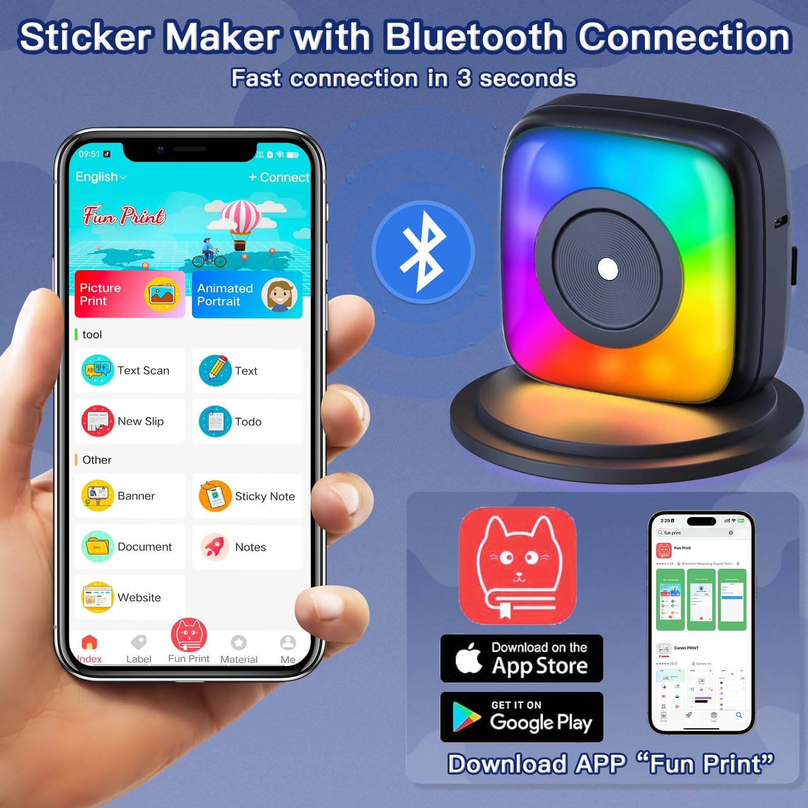Portable Mini Sticker Printer with 6 Rolls Sticker Paper - 7 Color LED Light Modes for DIY Scrapbooking, Travel Journaling, Note Taking & Labeling | Wireless Bluetooth Compatible with iPhone & Android Phones | Perfect for School, Office & Home Organization