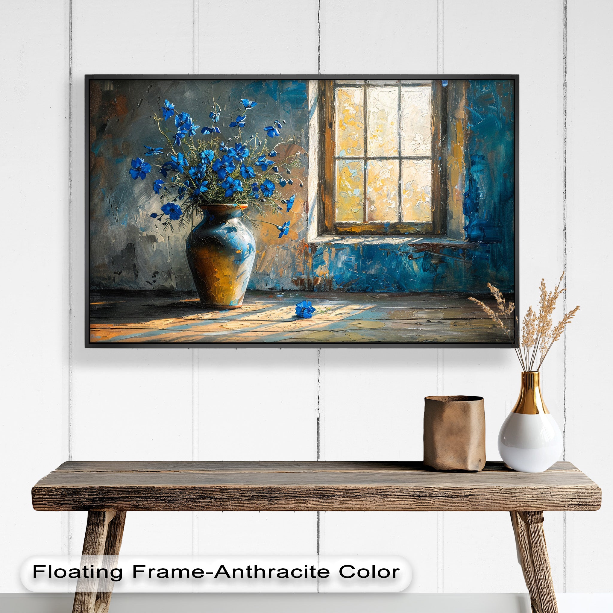 Blue Flowers in Vase - Rustic Still Life Oil Painting on Canvas - Perfect for Farmhouse Decor, Living Room Wall Art & Home Office