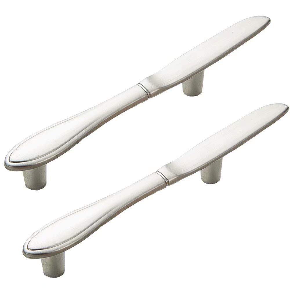 2-Pack Brushed Nickel Zinc Alloy Modern Kitchen Cabinet Handles - 76mm CC Knife Shape Drawer Pulls for Cabinets, Cupboards & Furniture (Perfect for Home Renovation & DIY Projects)