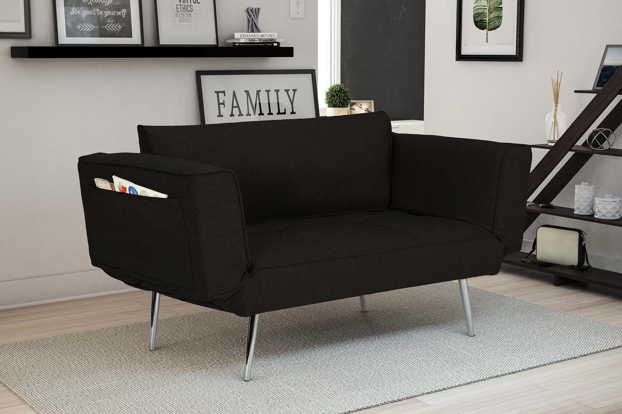 DHP Euro 60 Inch Futon Sofa Bed - Convertible Upholstered Couch Sleeper with Fold-Down Arms & Storage Pocket for Small Spaces, Black | Perfect for Studio Apartments, Guest Rooms & Home Offices