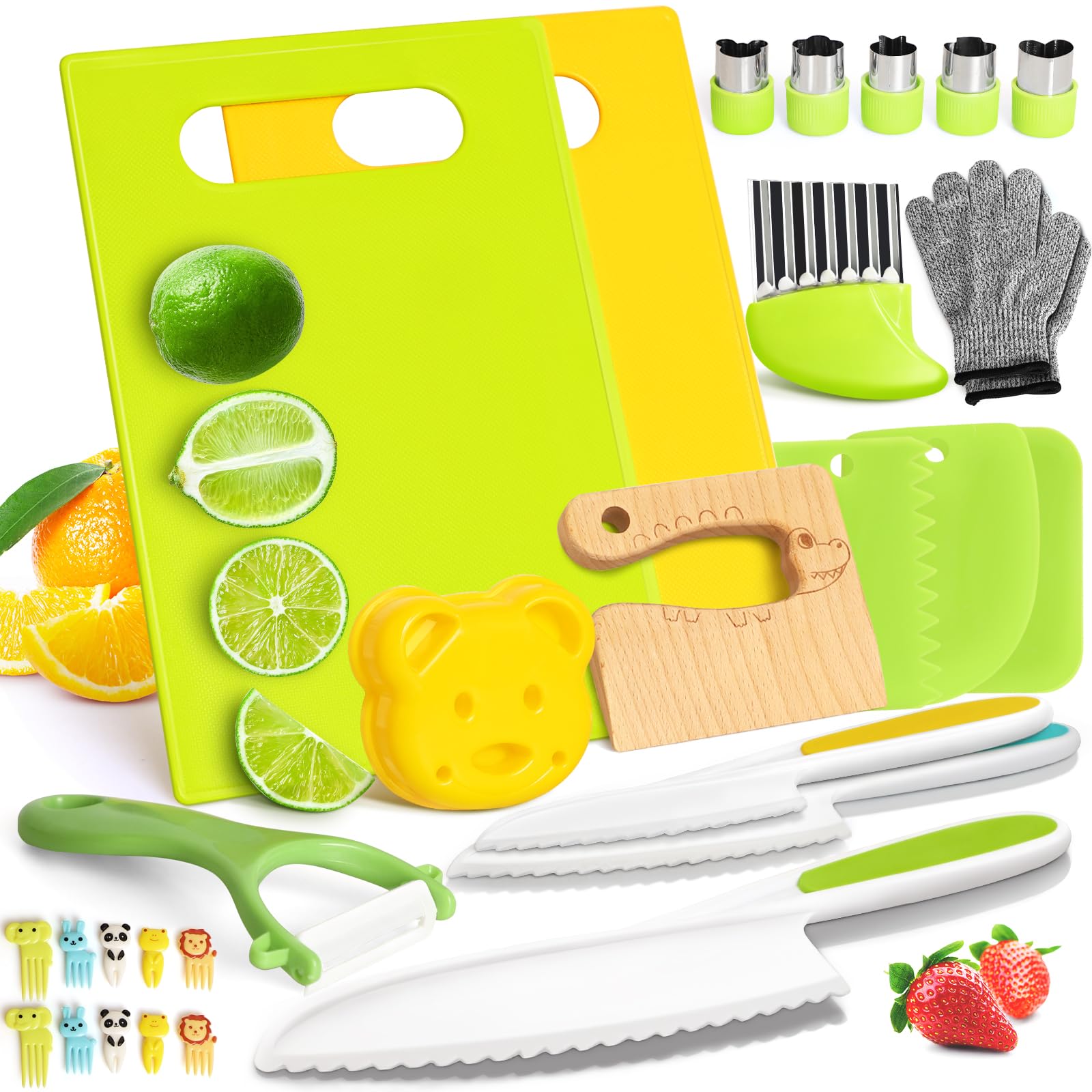 28-Piece Kids Montessori Cooking Tools Set - Safe Kitchen Knives & Utensils for Toddlers - Includes Child-Friendly Knife, Chopper, Peeler, Gloves, Cutting Board & Recipes - Perfect for Early Learning & Family Cooking Activities