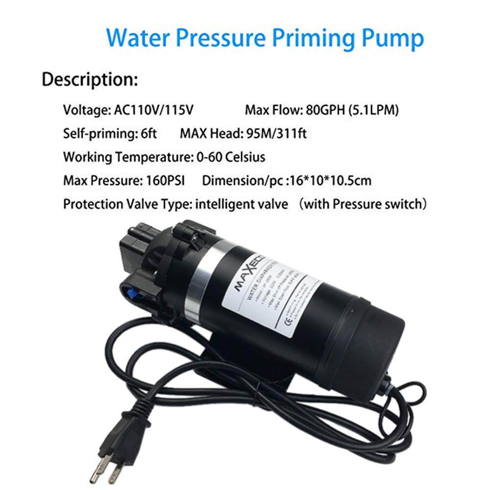 MAXECO 110V 160PSI High Pressure Diaphragm Water Pump - Self Priming 80GPH 5LPM Water Pressure Booster for Home, RV, Boat & Marine Use - Perfect for Misting Systems, Caravan Water Supply & Sprayer Applications