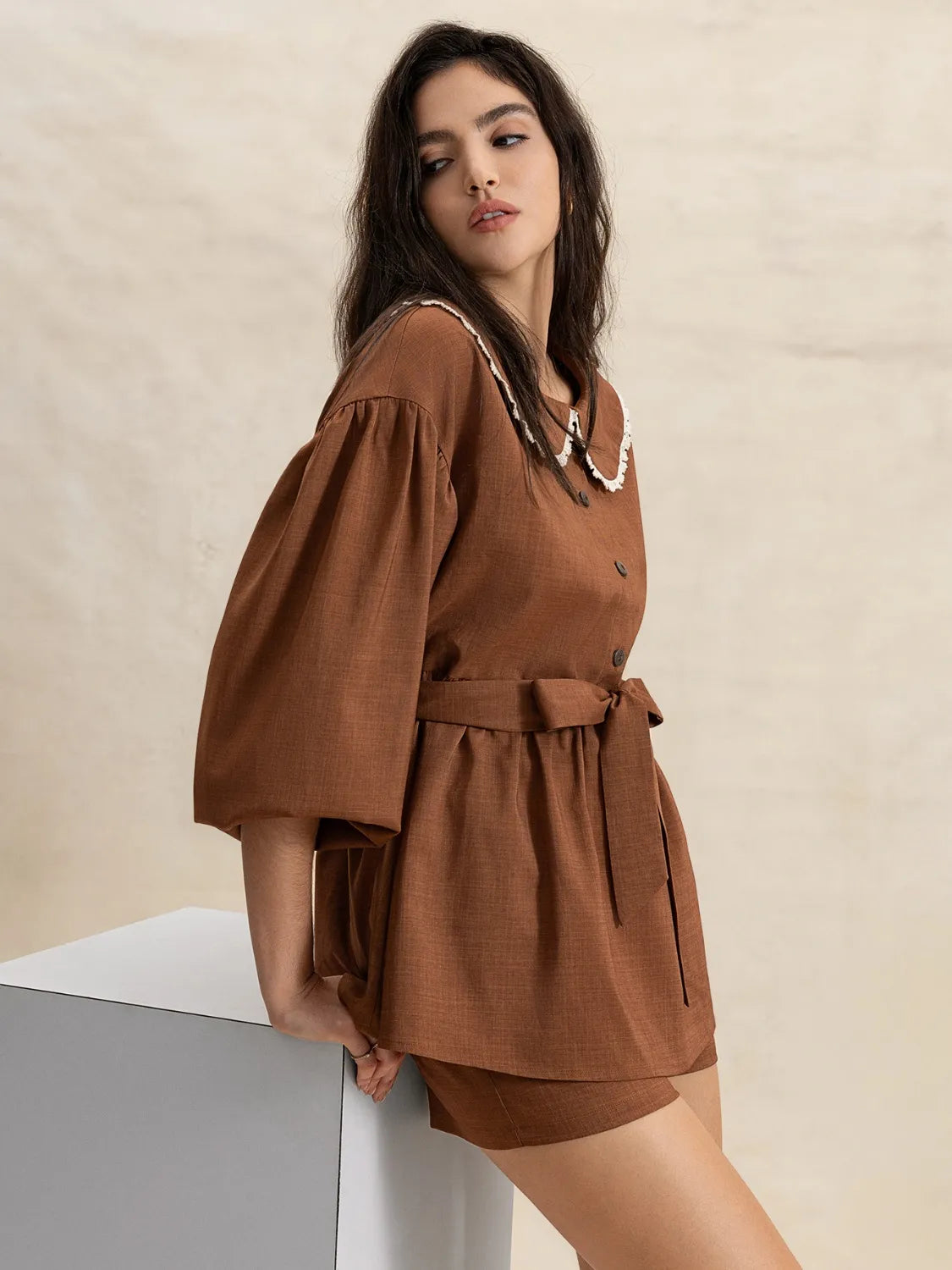 Peter Pan Collar Balloon Sleeve Blouse & Shorts Set - Vintage Inspired Women's Outfit for Casual Wear, Summer Picnics & Date Nights