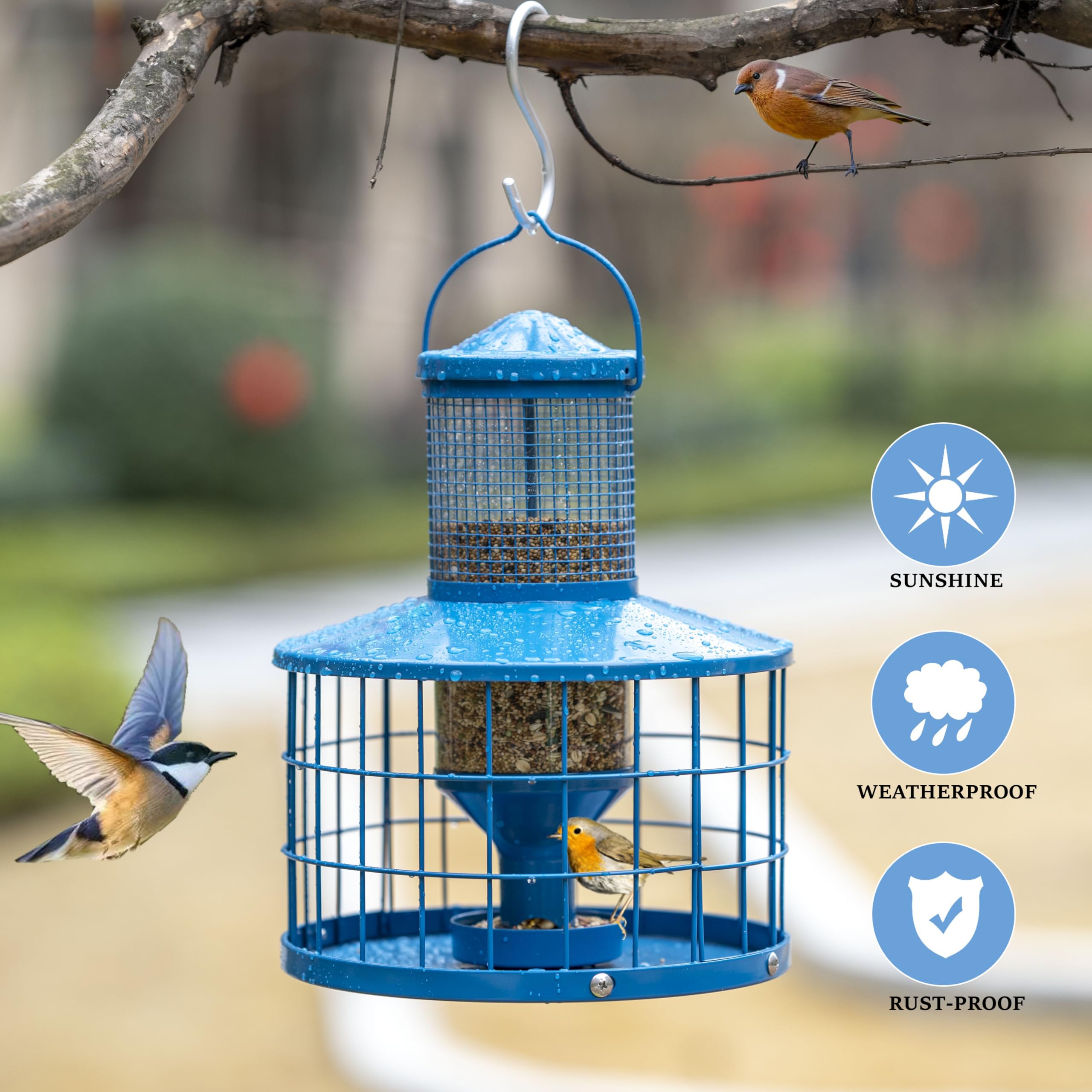 Squirrel Proof Metal Bird Feeder - 2.8Lb Capacity Outdoor Hanging Cage Tube Feeder with Detachable Tray, Easy to Clean & Starling Resistant (Blue) - Perfect for Backyards, Gardens & Bird Watching Enthusiasts