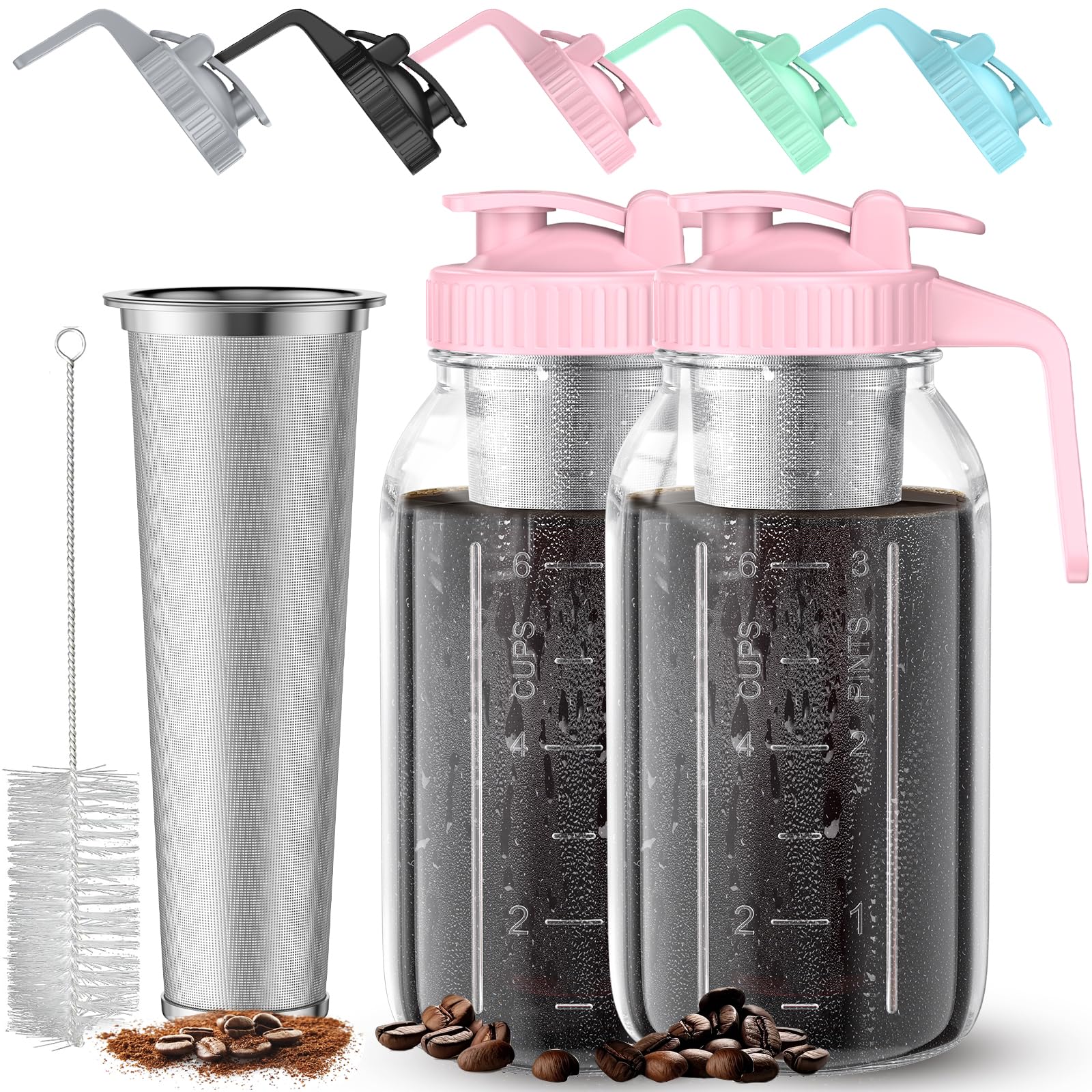 Premium Cold Brew Coffee Maker Set - 2 Pack 64oz Glass Jars with Stainless Steel Filter & Handle | Leak-Proof Iced Tea & Sun Tea Pitcher | Perfect for Home, Office & Outdoor Use