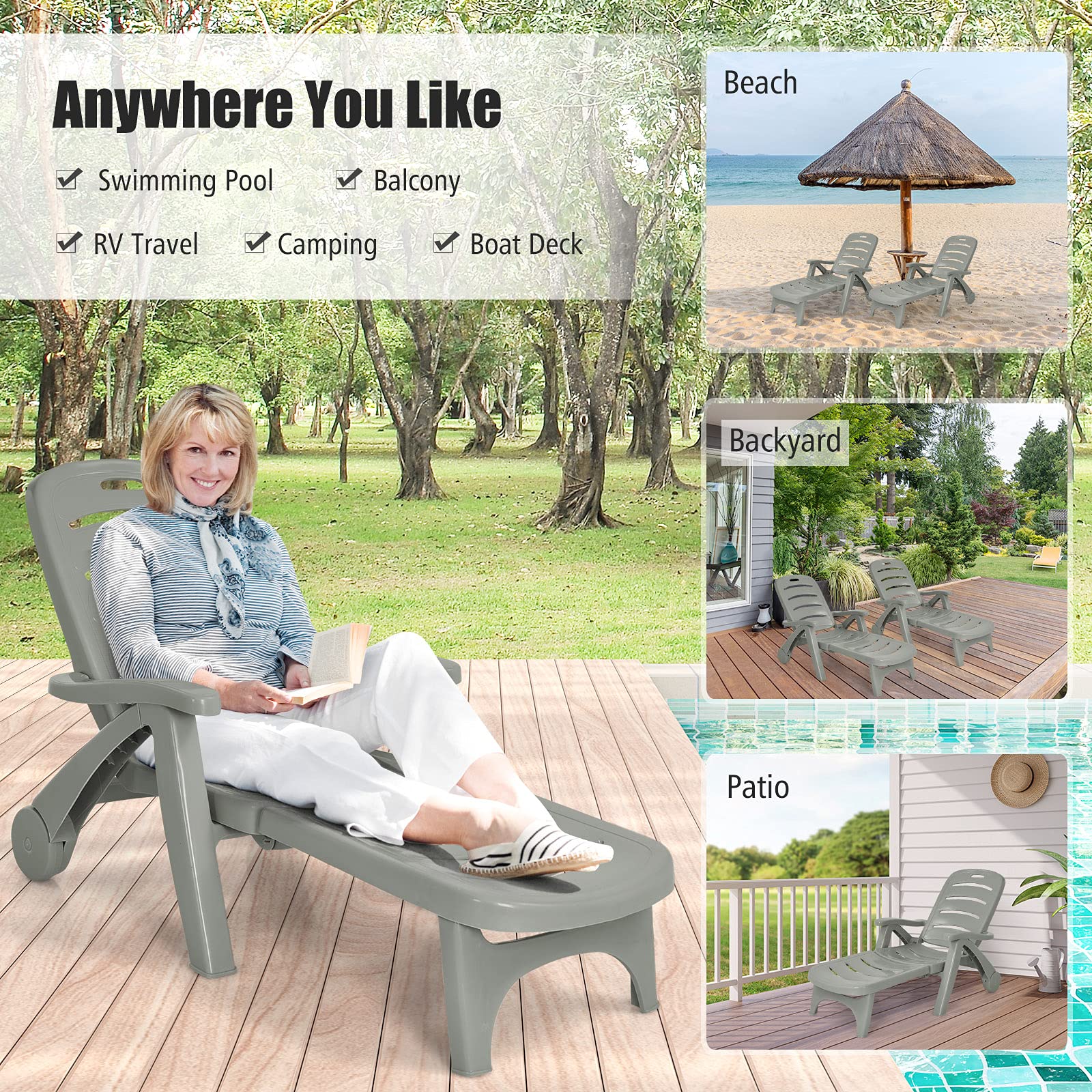 Giantex Folding Patio Chaise Lounge Recliner with Wheels & Armrests - 5-Position Adjustable Outdoor Sun Lounger for Poolside, Beach, Garden, Yard & Deck - Gray Rolling Sunbathing Chair for Relaxation & Tanning