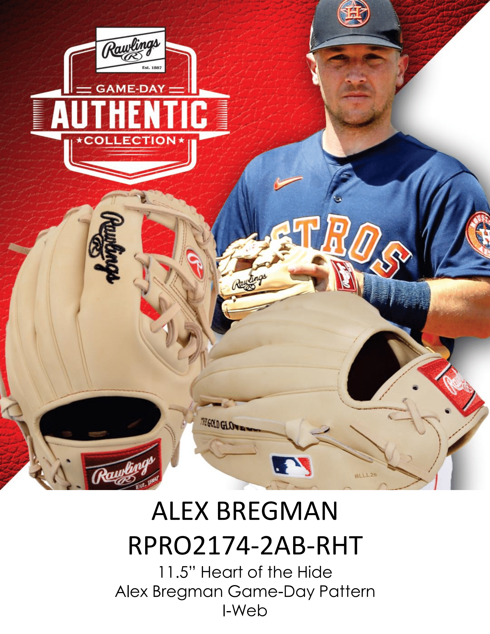 Rawlings Heart of the Hide Series MLB Collection Baseball Glove - Alex Bregman Signature Model | Premium Leather for Training & Games | Perfect for MLB Fans & Serious Players