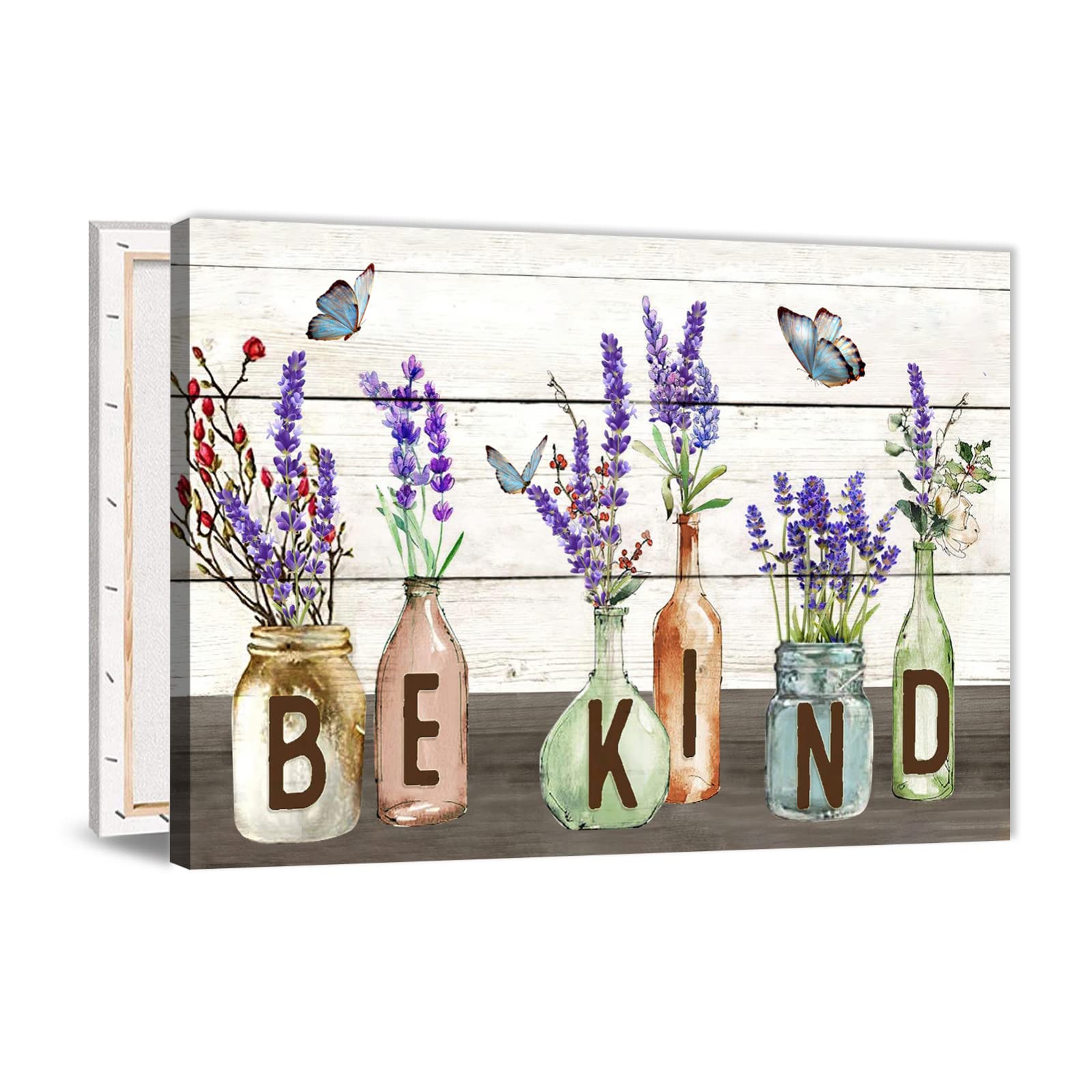 Rustic Farmhouse Wall Art - Lavender Flowers Painting in Mason Jar with Butterflies, 24x16 Inch Ready to Hang Canvas Print for Living Room, Bathroom & Farmhouse Decor | Perfect for Home, Office & Gift Giving