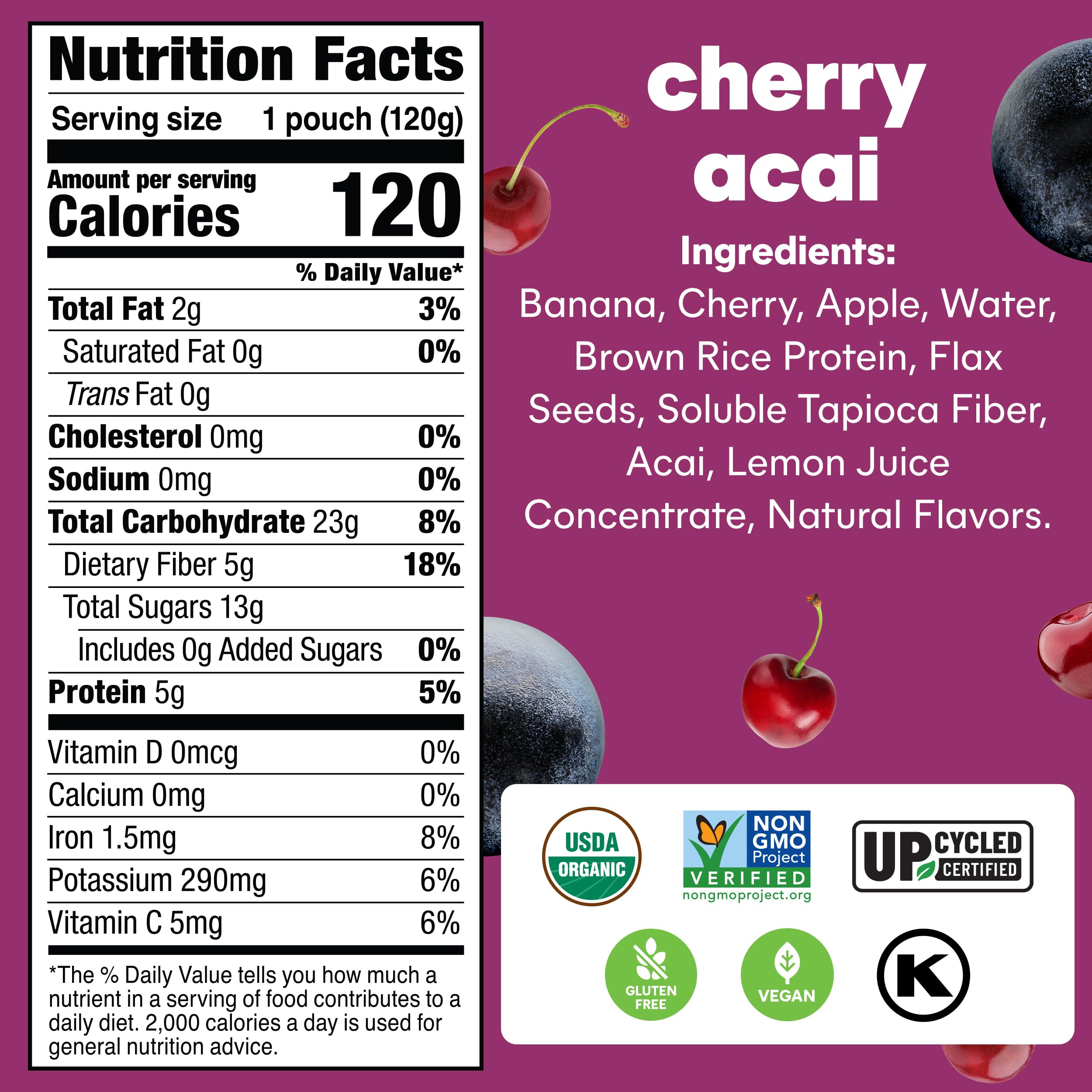 Organic Noka Superfood Fruit Smoothie Pouches - Cherry Acai Flavor with Flax Seed, Plant Protein & Prebiotic Fiber | Vegan, Gluten Free Healthy Snacks | 4.22 oz Squeeze Pouch (12 Pack) | Perfect for On-the-Go Breakfast, Post-Workout Recovery & Kids Lunch Boxes