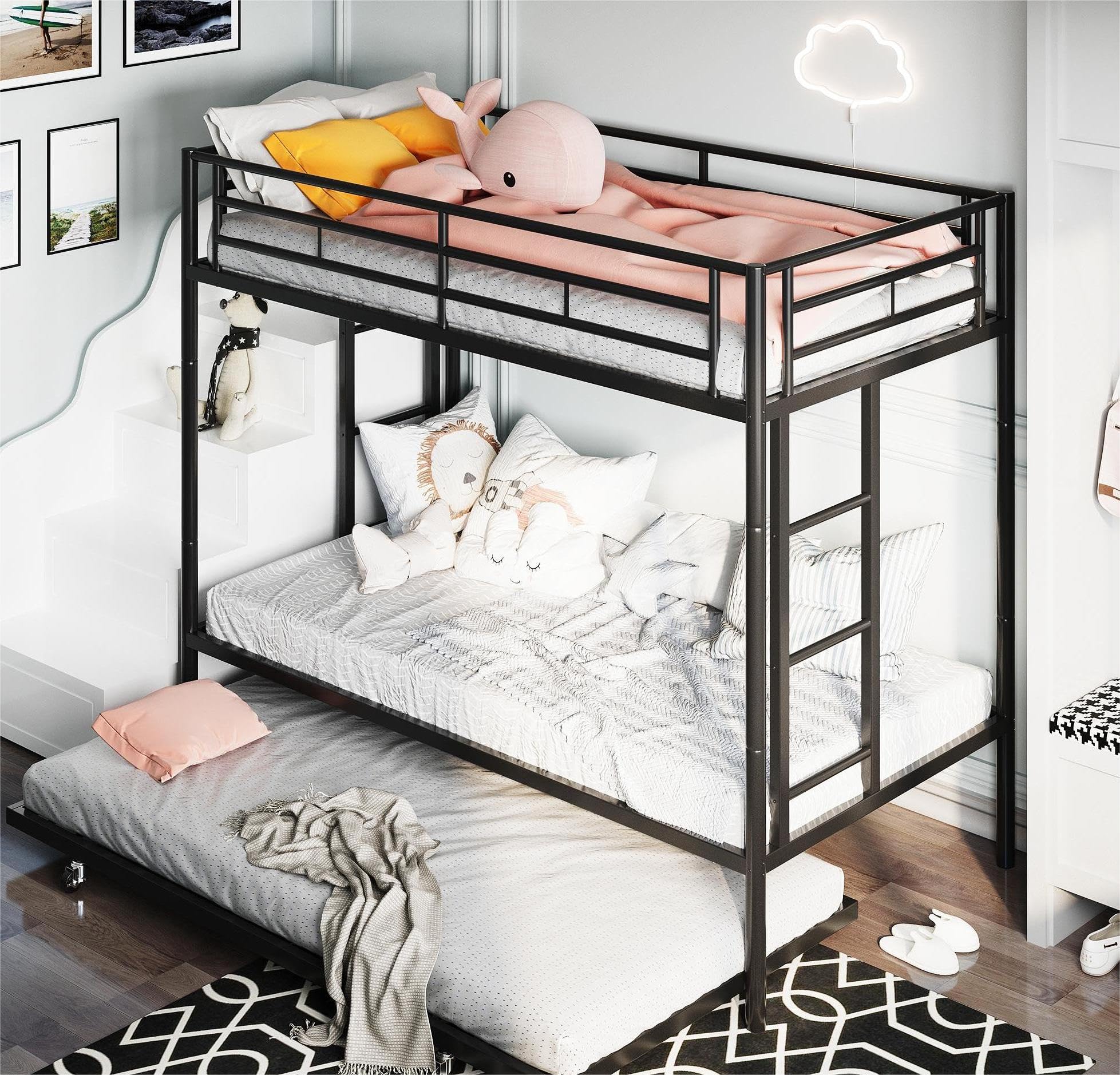 Metal Twin Over Twin Bunk Bed with 2 Secure Ladders & Trundle Daybed - Space-Saving Loft Bed Frame with Safety Rails, Quiet Design for Small Rooms - Perfect for Kids' Bedrooms, Guest Rooms & Dormitories (Black)