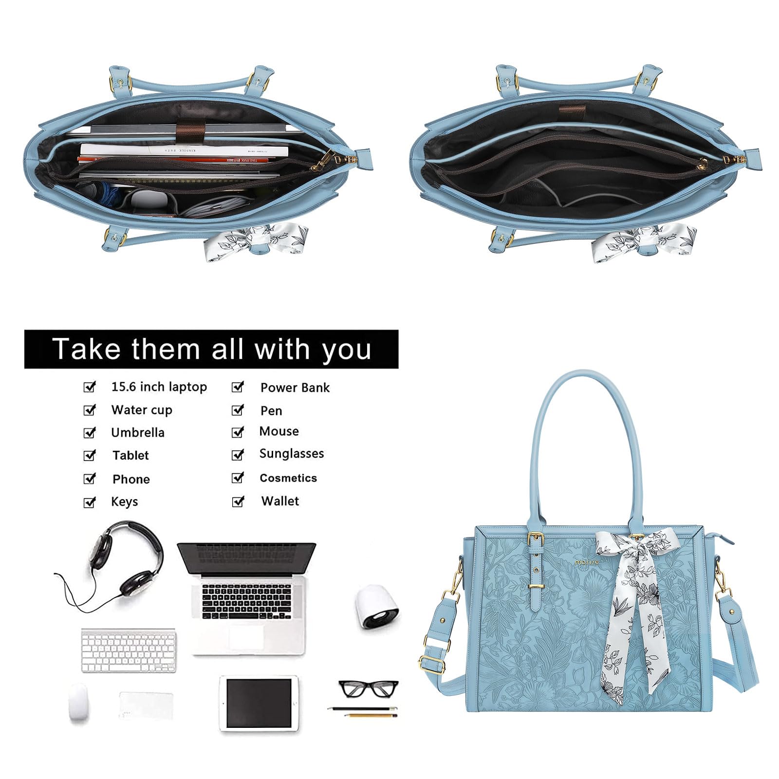 MOSISO 17-17.3 Inch Laptop Tote Bag for Women - PU Leather Computer Bag Compatible with MacBook Pro/Air, HP, Dell, Asus - Stylish Retro Hibiscus Design with Silk Scarf & Clutch Purse (Air Blue) - Perfect for Work, Travel & Business Meetings