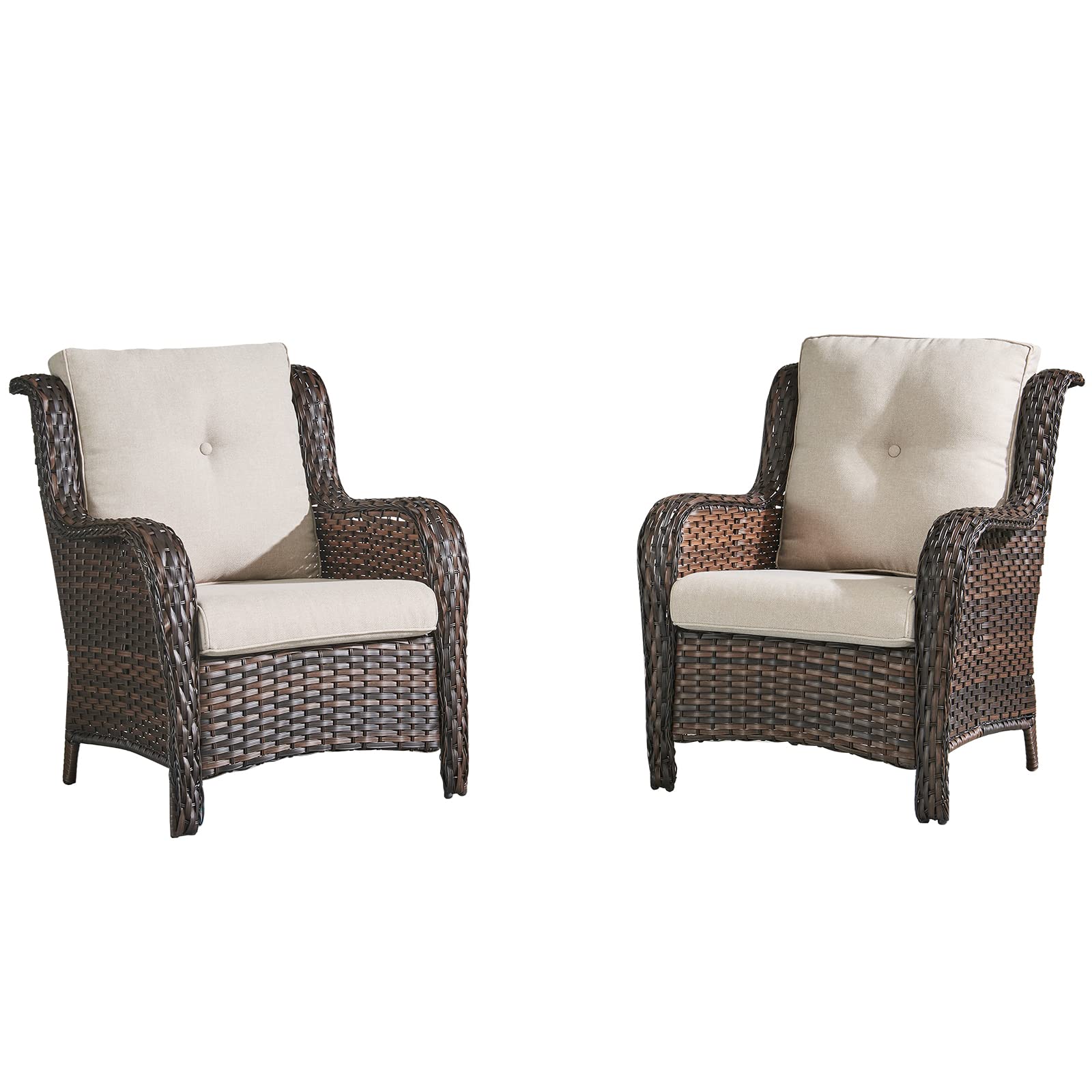 HUMMUH 2-Piece Wicker Patio Dining Chairs Set - PE Rattan Deep Seating Outdoor Chairs with 4 Inch Cushions (Brown/Beige) - Perfect for Backyard, Garden, Poolside & Patio Relaxation