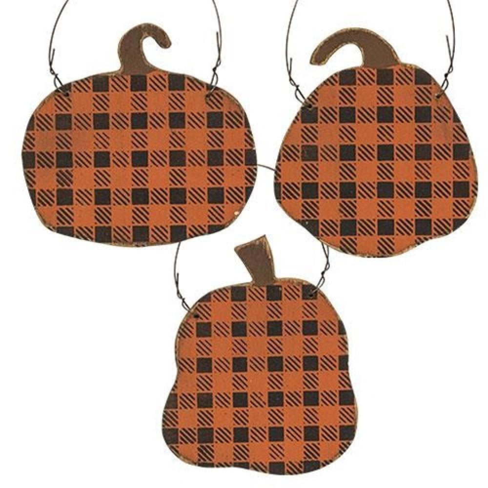 Distressed Black & Orange Buffalo Check Pumpkin Ornament Set of 3 - Fall Thanksgiving Halloween Home Decor for Fireplace Mantel, Table Centerpiece, and Front Porch Display