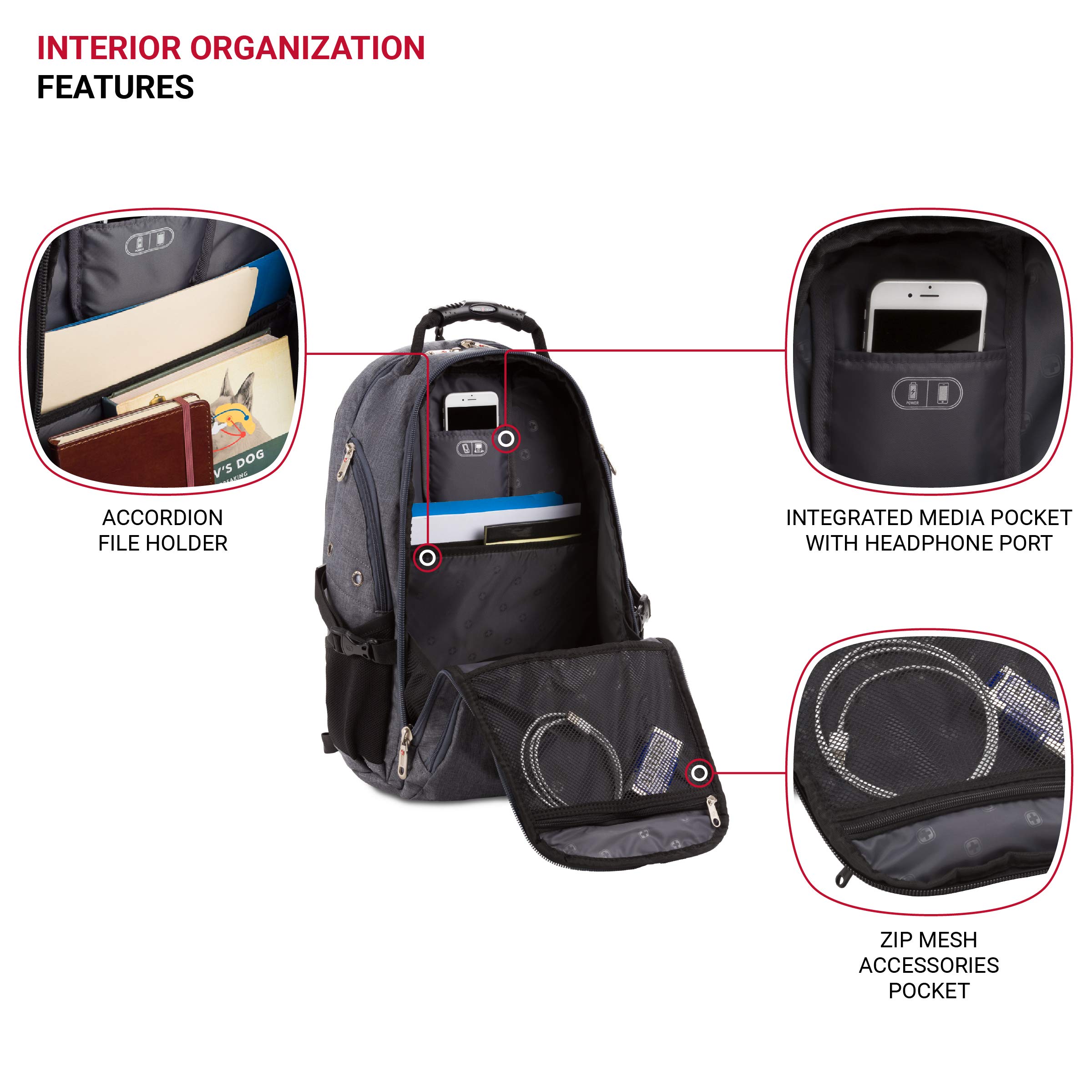 SwissGear 5977 ScanSmart 17-Inch Laptop Backpack for Business Travel & College - TSA-Friendly Grey Computer Bag with USB Charging Port & Organized Storage