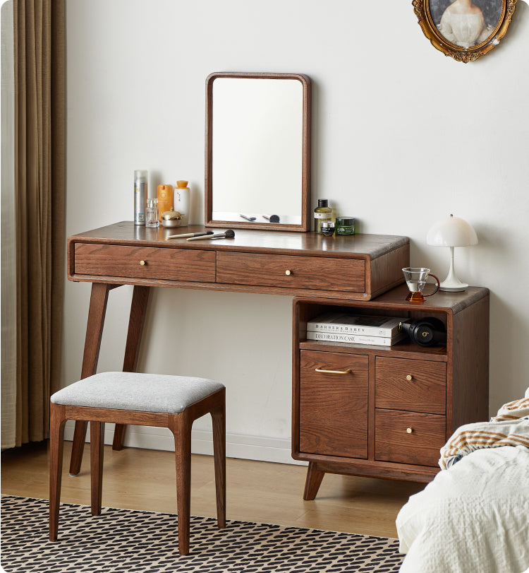 Solid Oak Wood Extendable Dressing Table - Walnut Finish | Elegant Vanity Desk for Bedroom, Makeup Station & Home Decor
