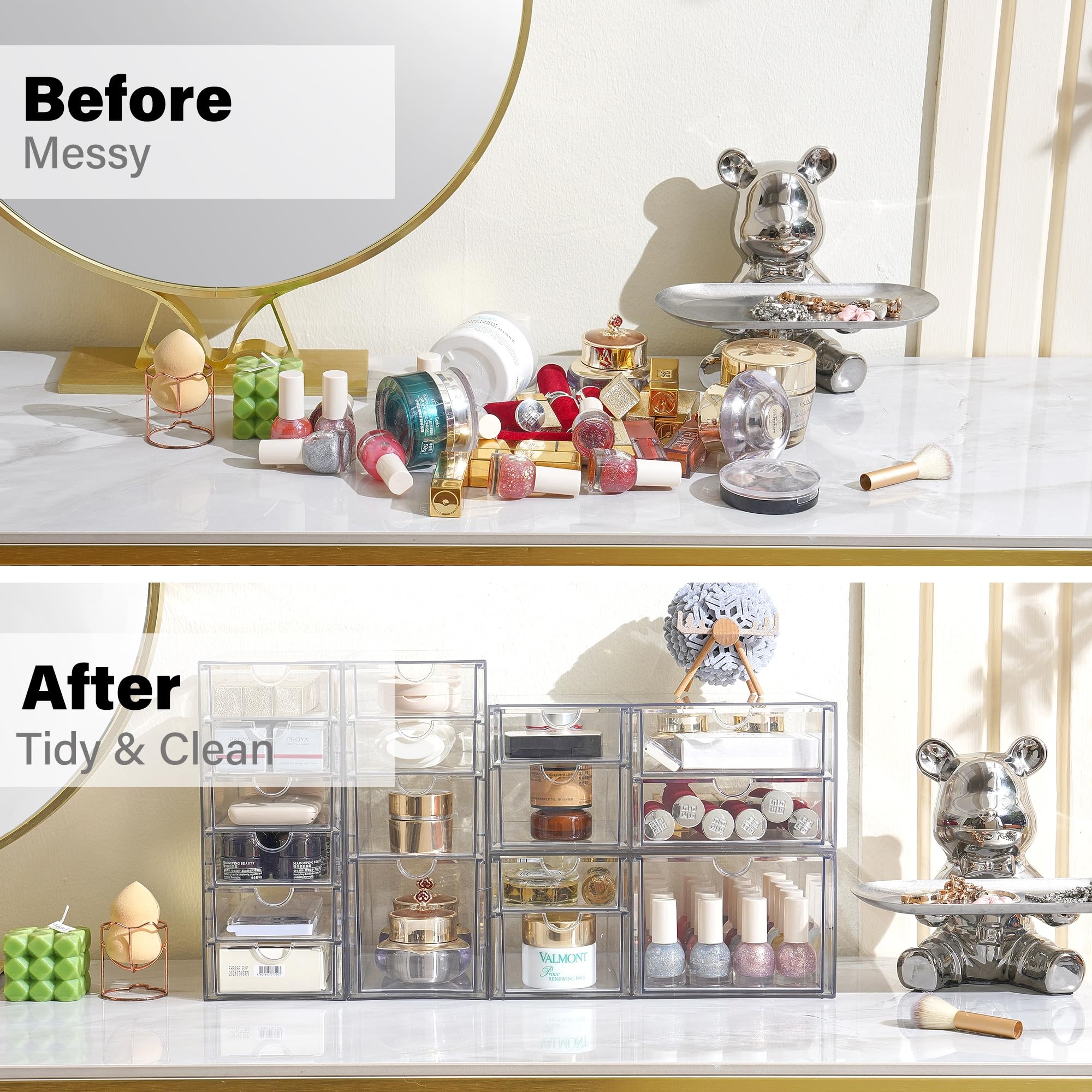 17-Drawer Acrylic Stackable Storage Organizer Set of 4 - Clear Desk Drawers for Makeup, Jewelry, Art Supplies & Office Accessories - Perfect for Vanity Countertop, Craft Room & Home Organization