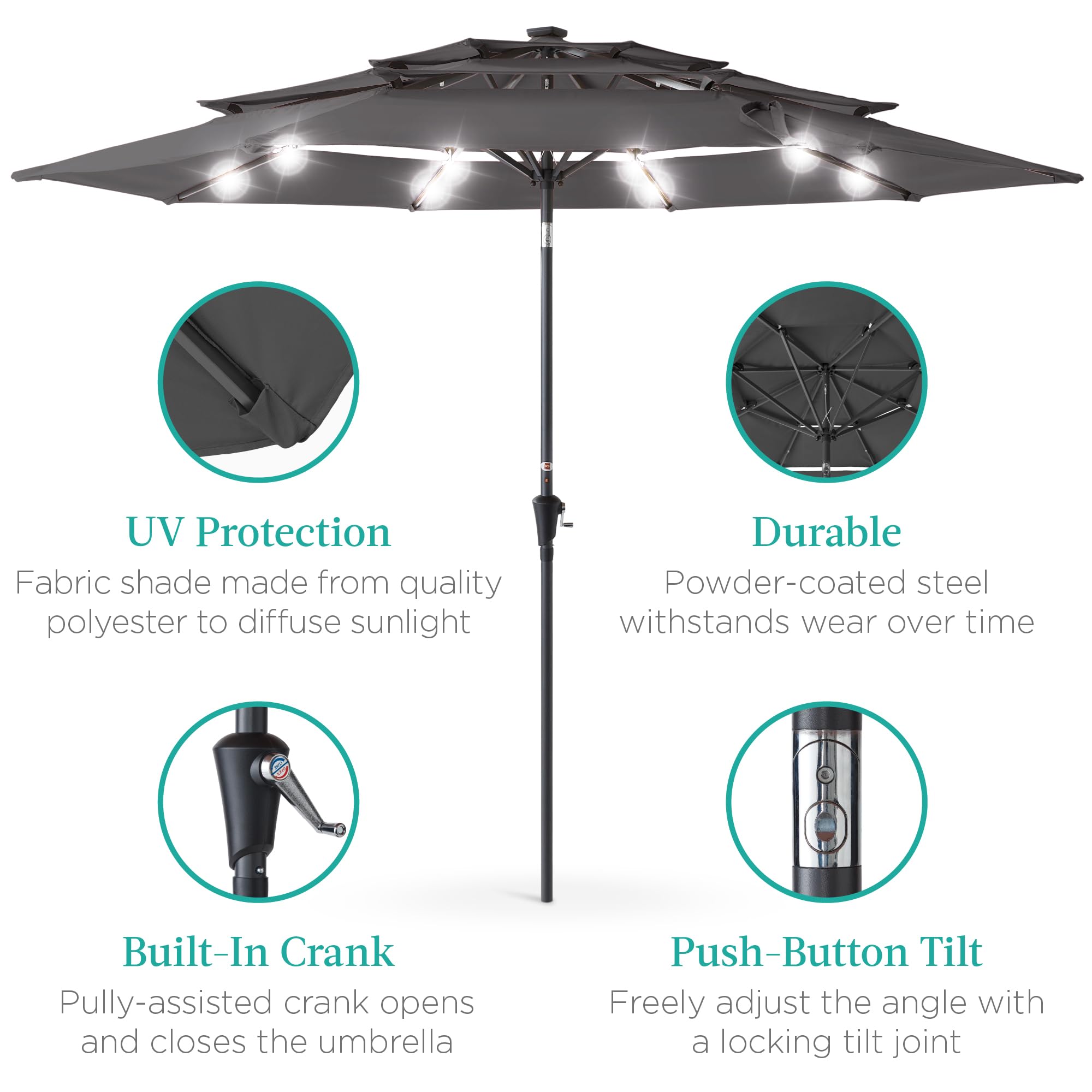 Best Choice Products 10ft 3-Tier Solar Patio Umbrella with LED Lights - Adjustable Tilt, Easy Crank, 8 Sturdy Ribs - Perfect for Backyard, Deck, Poolside & Outdoor Dining (Gray)