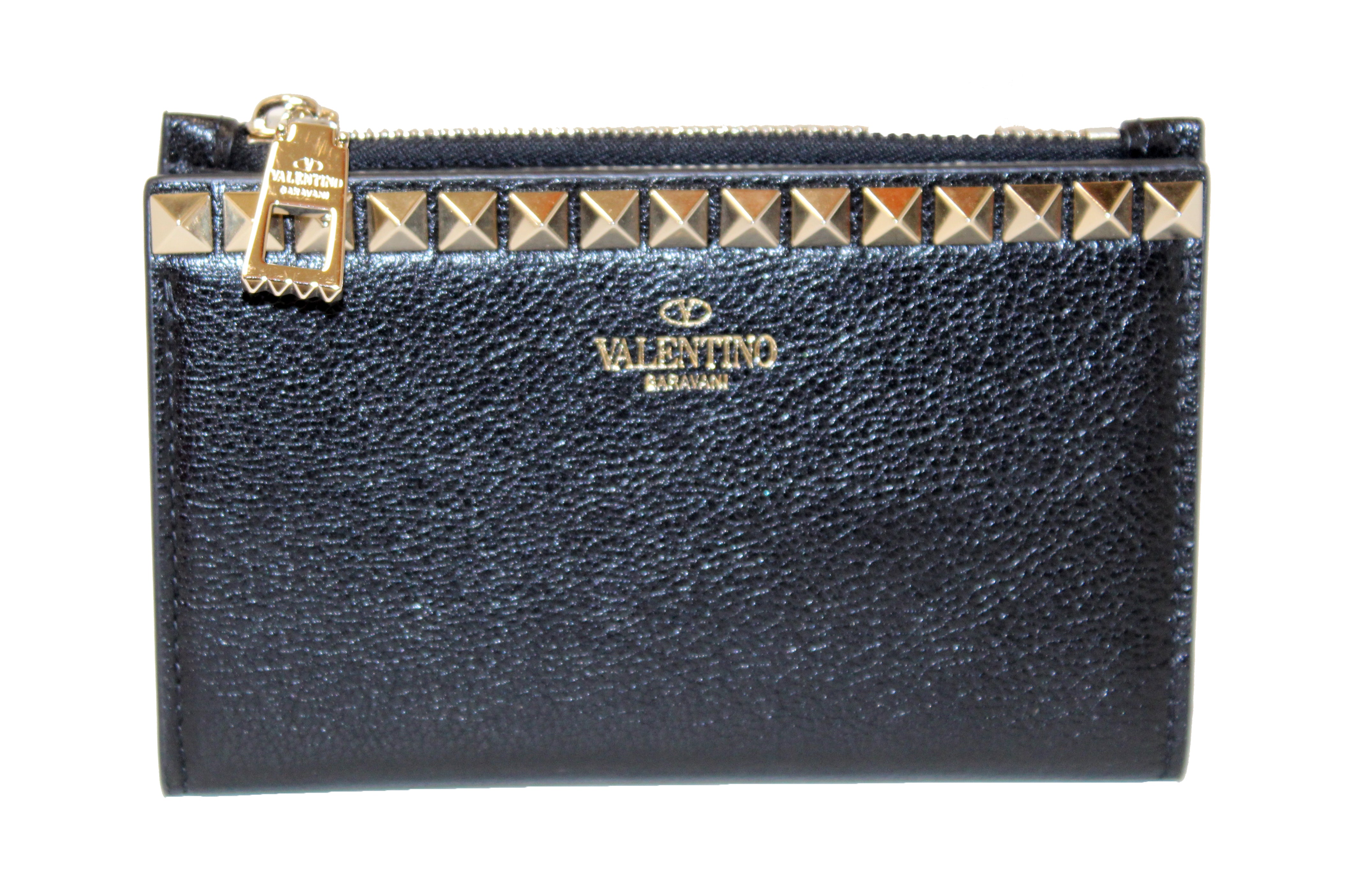 Authentic Valentino Black Leather Rockstud Coin Purse & Card Holder Wallet - Perfect for Parties, Travel, and Everyday Use