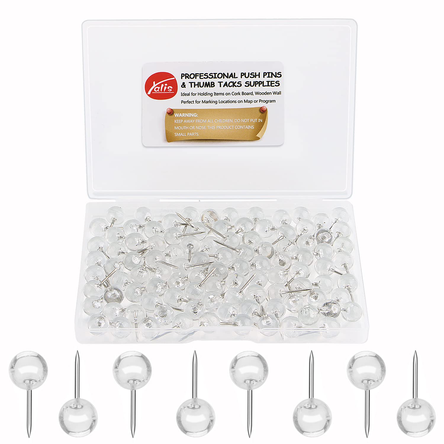Yalis 1/3 Inch Silver Push Pins - 100 Count Large Map Tacks with Steel Point & Clear Plastic Round Head - Perfect for Bulletin Boards, Office Maps, and Home Organization (Silver)