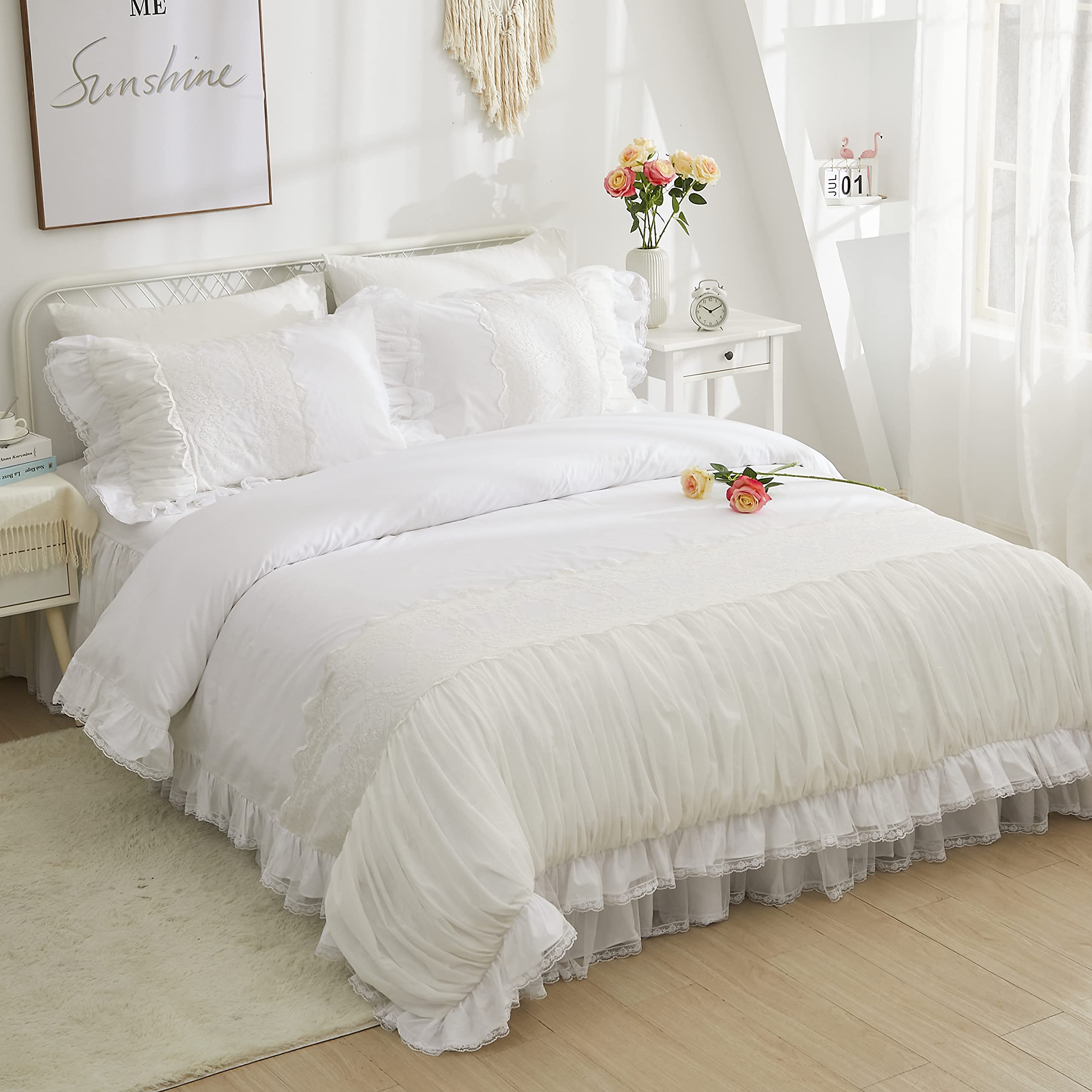 Softta 100% Cotton 600 TC Lace Duvet Cover Set - White Farmhouse Style 4-Piece Bedding with Ruffles (California King) | Boho Chic & Romantic Bedroom Decor for Master Bedroom, Guest Room, or Vacation Home