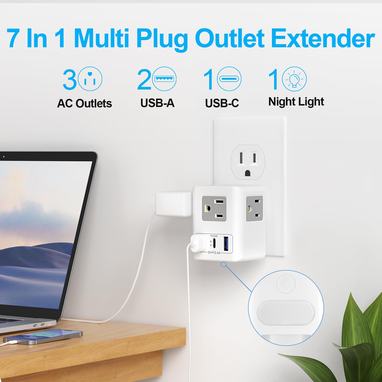 Multi Plug Outlet Extender with Night Light & 20W USB-C Fast Charging - 3 AC Outlets & 3 USB Ports Wall Charger Adapter (No Surge Protection) - Perfect for Cruise Ships, Travel, Home & Office Use - Essential Power Strip for Phones, Laptops & Small Appliances