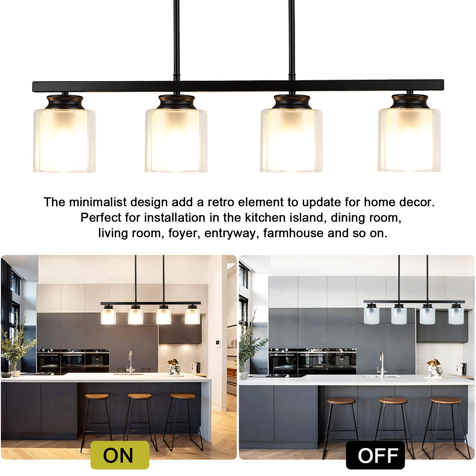 Vintage Farmhouse Pendant Light Fixture - 4-Light Metal Chandelier with Glass Shade, E26 Base - Perfect for Kitchen Island, Dining Room, Foyer, Restaurant & Bar Lighting