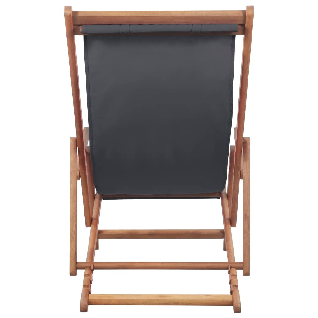 SKM Folding Beach Chair - Portable Wooden Frame with Gray Fabric - Lightweight & Compact for Outdoor, Camping, Picnics & Beach Relaxation