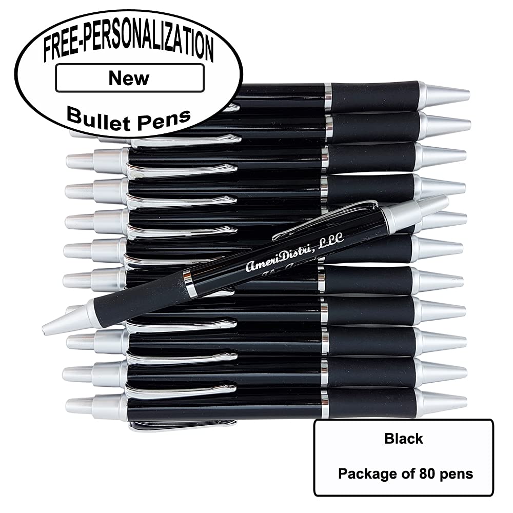 Premium Bullet Ballpoint Pens with Free Personalization - Elegant Silver Accents on Black Body & Grip - 80 Pack for Office, School & Corporate Gifts