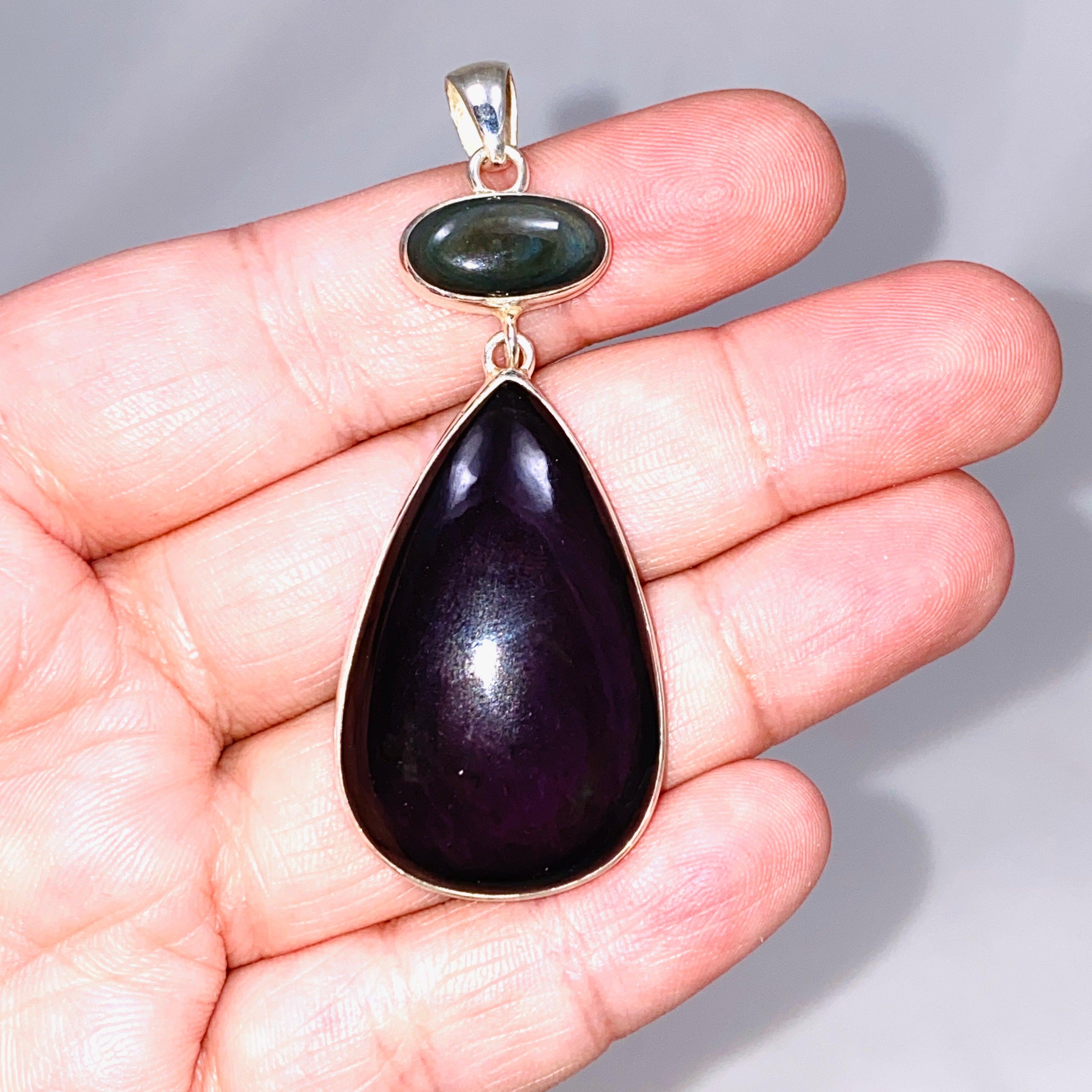 Rainbow Obsidian Double Stone Teardrop Pendant Necklace - Natural Gemstone Jewelry for Women - Perfect for Spiritual Healing, Meditation & Everyday Wear