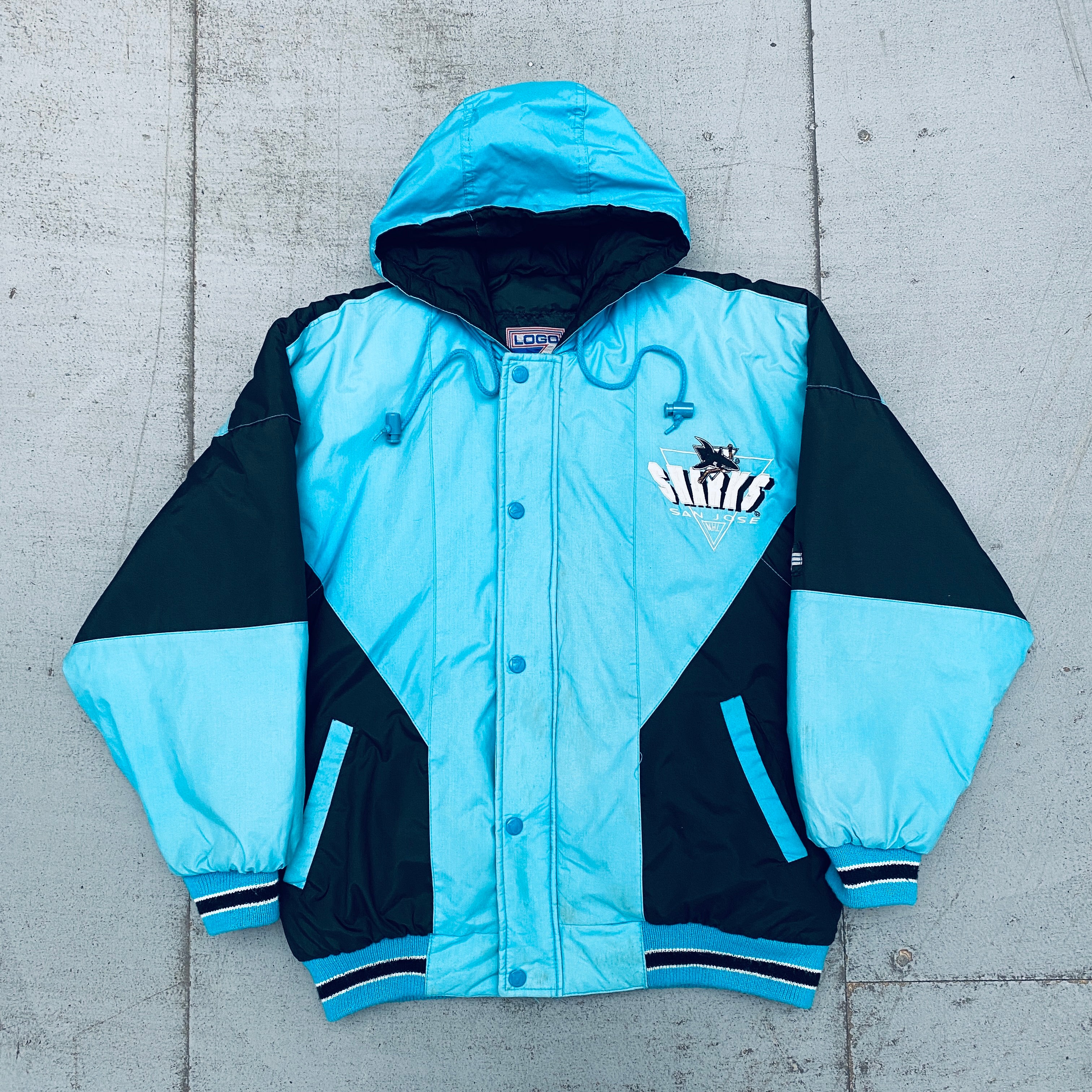 San Jose Sharks 1990s Vintage Logo Full-Zip Hooded Jacket - Men's S - Retro NHL Hockey Fan Gear for Game Day & Casual Wear