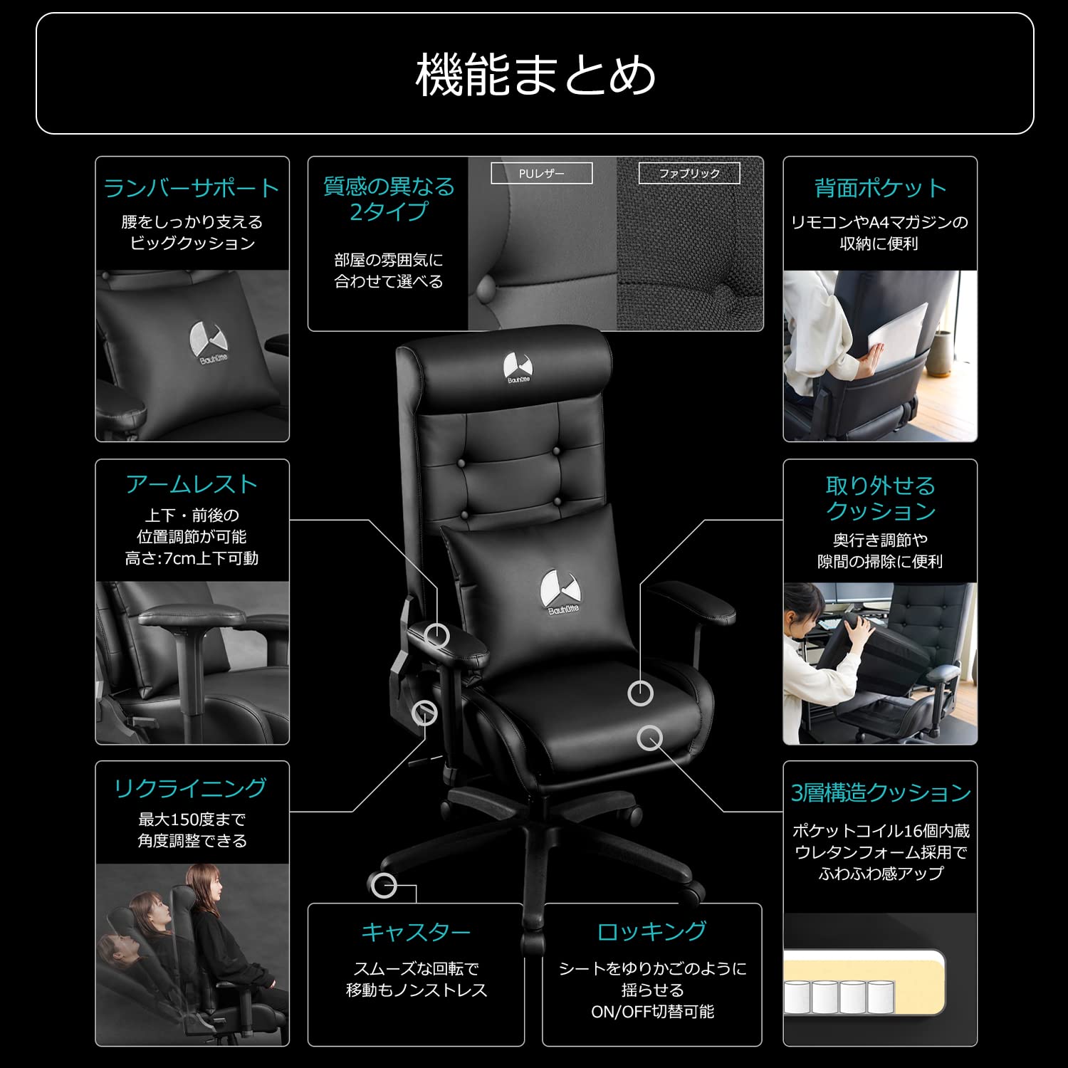 Bauhutte G-370PU-BK Black PU Leather Gaming Sofa Chair - Ergonomic Video Game Chair with Lumbar Support for PC, Console & Home Theater Comfort - Perfect for Gaming, Streaming & Relaxing